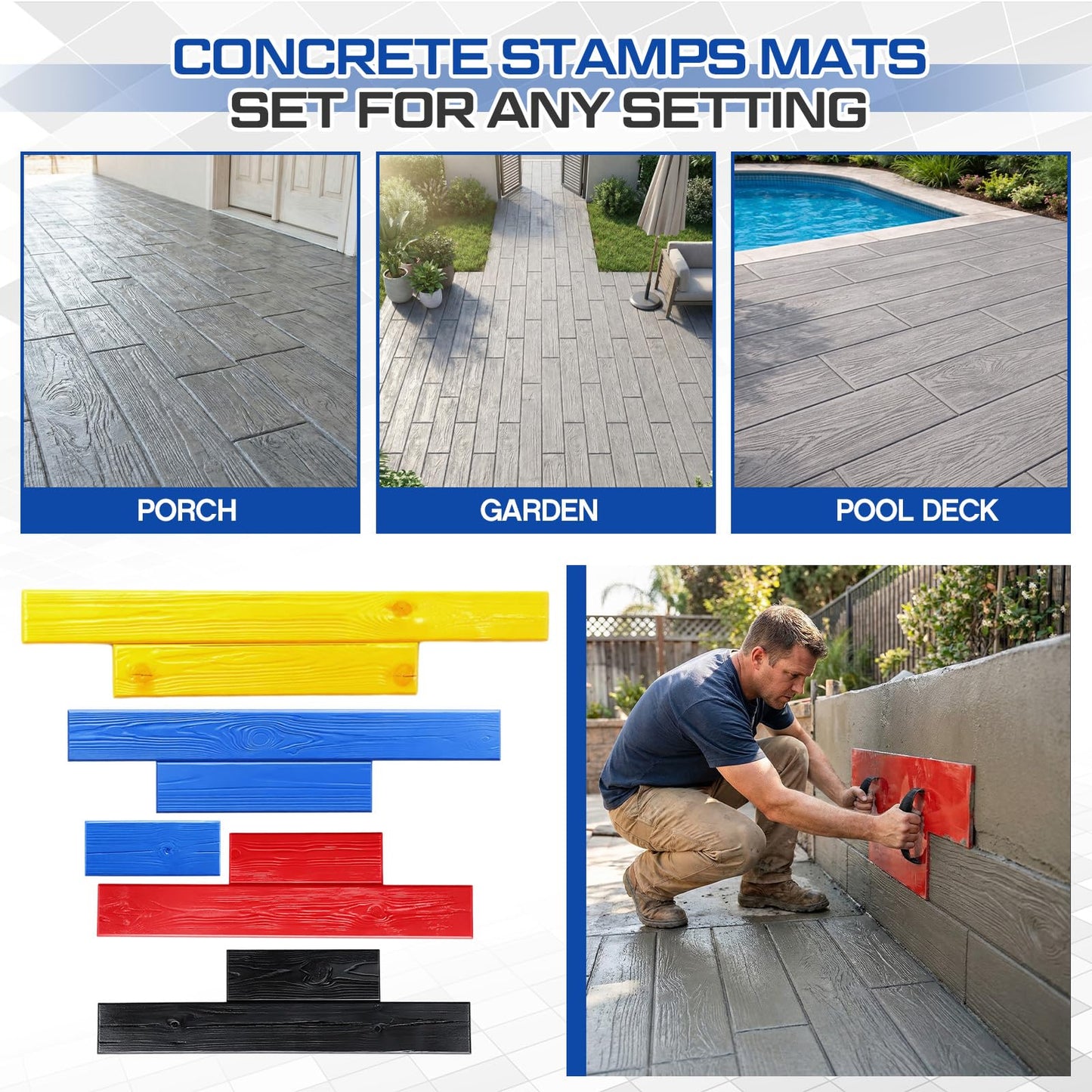 AmazingSpark 5 Pcs Concrete Stamping Mats Set, Concrete Texture Mat Polyurethane Reusable Slate Stamp Soft Hard Molds with Handles Durable for Patio Wall Floors Driveways Walkways (Rectangle,4 Colors)