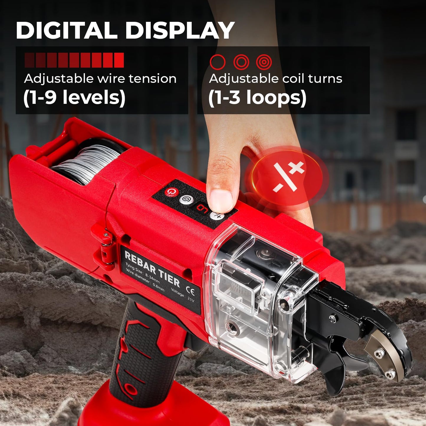 Rebar Tying Machine, Automatic Rebar Tie Gun, Electric Cordless Wire Twister Tool, Battery Powered 1-9 Tightness Adjustable for Φ 0.3" to 1.3" Rebars