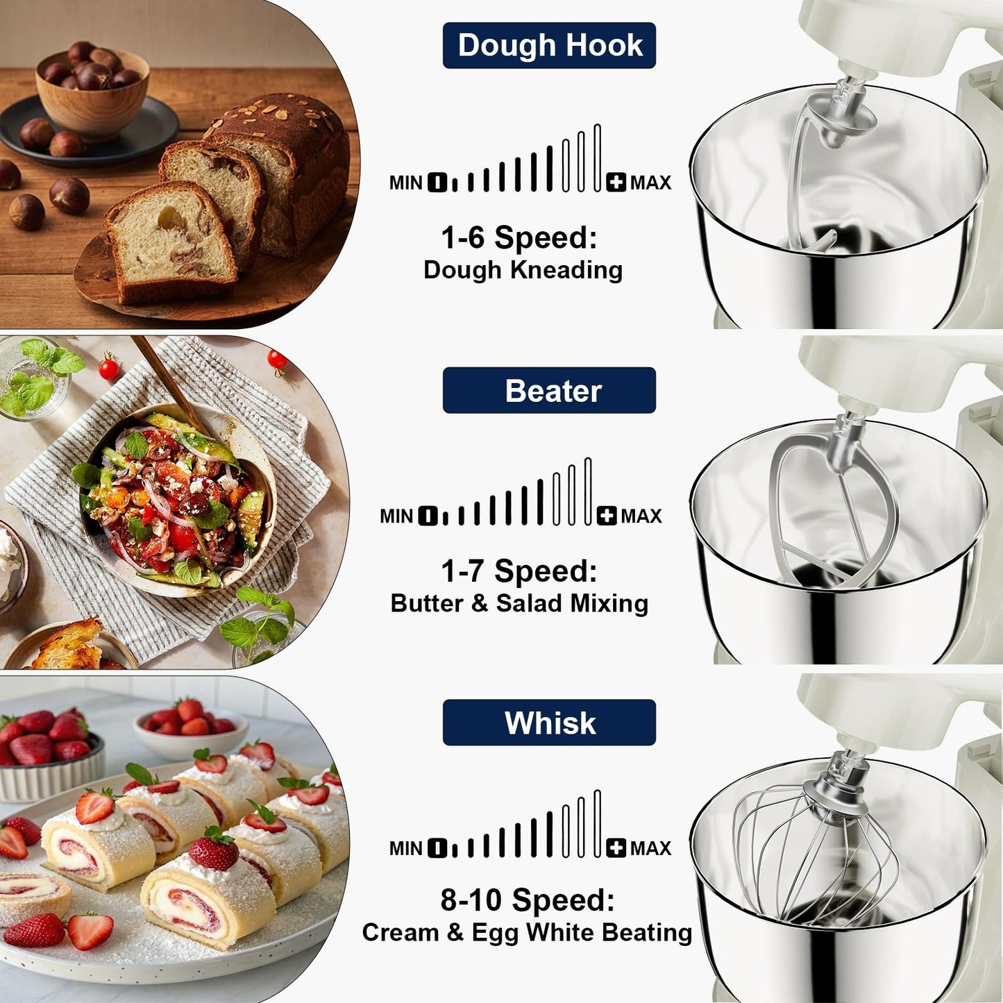 Camic Stand Mixer, 4.2QT+5.3QT Two bowls Electric Food Mixer, 10 Speeds with Digital setting 3-IN-1 Kitchen Mixer for Baking Cakes Cookie Bread Salad with Egg Whisk,Dough Hook,Flat Beater (White)
