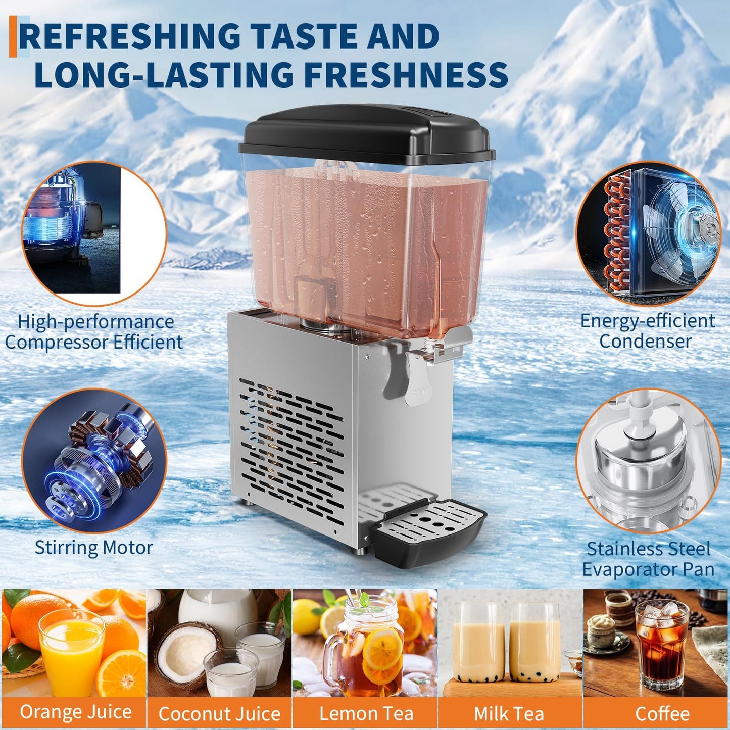 Commercial Beverage Dispenser 18L/4.75 Gallon, Single Tank Stainless Steel Refrigerated Juice Dispenser with Compressor Cooling and 360° Stirring, Cold Drink Machine for Restaurant Bar Party
