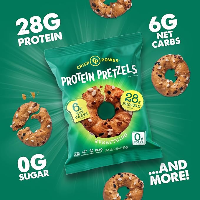 Crisp Power Protein Pretzels, Variety Pack With Sea Salt, Sesame, & Everything, Vegan Keto Snack, Plant Based Protein, Low Carb Crunchy Pretzel Snacks, Sugar Free, No Seed Oils, 1.75 Oz Bags, 24 Pack