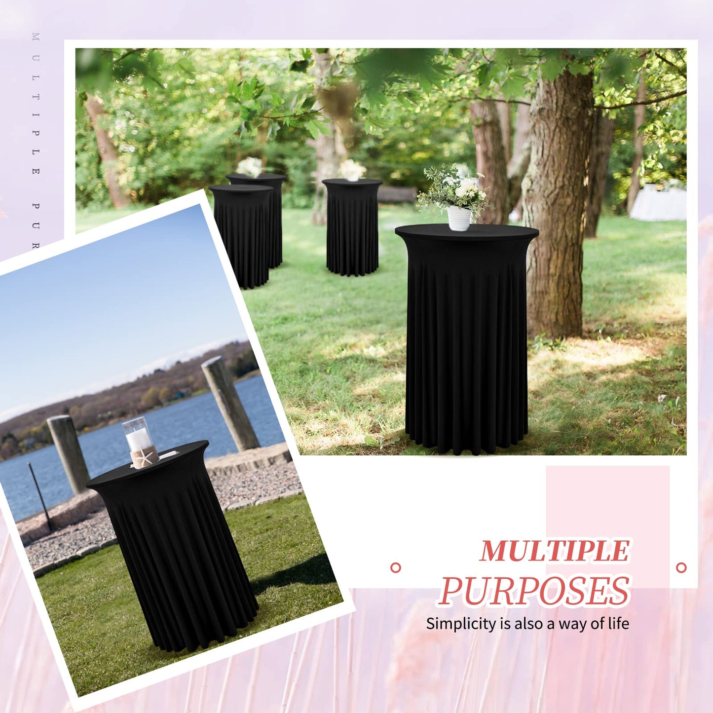 REWOMC 8 Packs Round Cocktail Table Skirt 32"x 43" Spandex Stretch Cocktail Tablecloth with Wavy Drapes, Black Spandex Fitted High Top Table Covers for Wedding Bar Party Birthday Banquet Table
