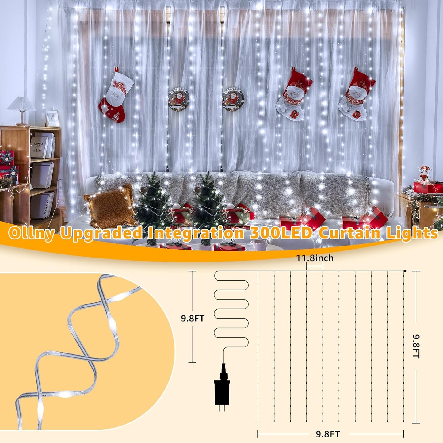 Ollny Curtain Lights - 300 LED Waterproof Outdoor Fairy Lights | 9.8ft x 9.8ft with Remote & 8 Modes