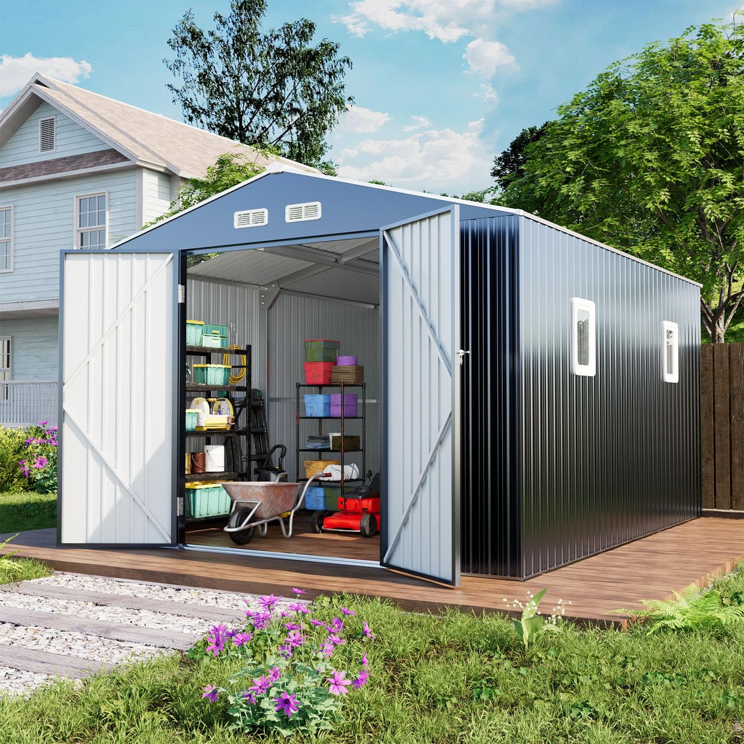 WACASA 10x10 FT Metal Shed with Base Frame Floor Kit | Heavy-Duty Military-Grade 20-Gauge Reinforced Frame with Powder Coating | 50 PSF Snow Load & 120 MPH Wind Rated | Skylight Tiny House Building