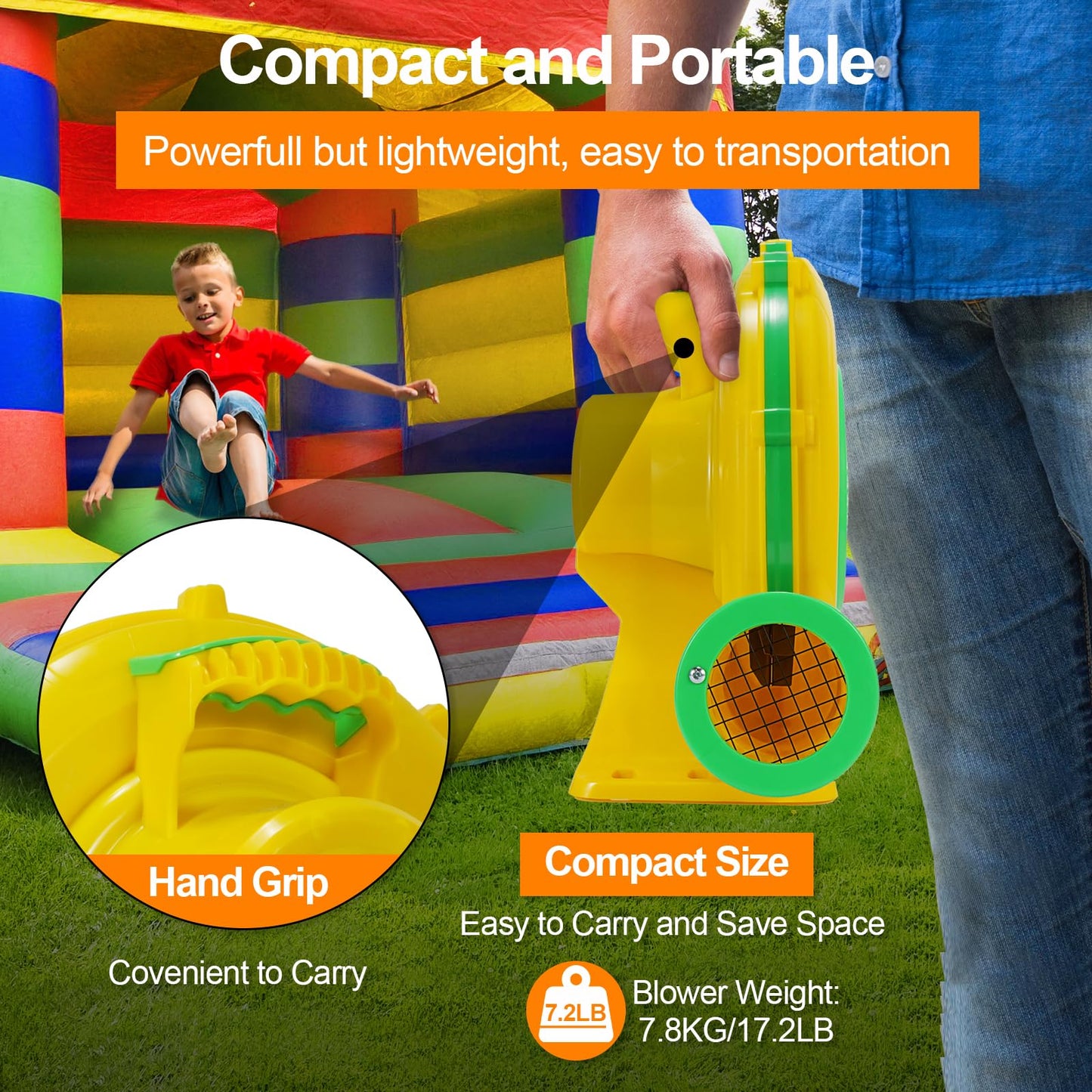 Bounce House Blower, 1100W/1.47HP Commercial Air Blower with Double-Sided Fan Blade Design, Strong Wind and Great Heat Dissipation Properties for Bouncy Castle, Jump Slides, Arch, Inflatables