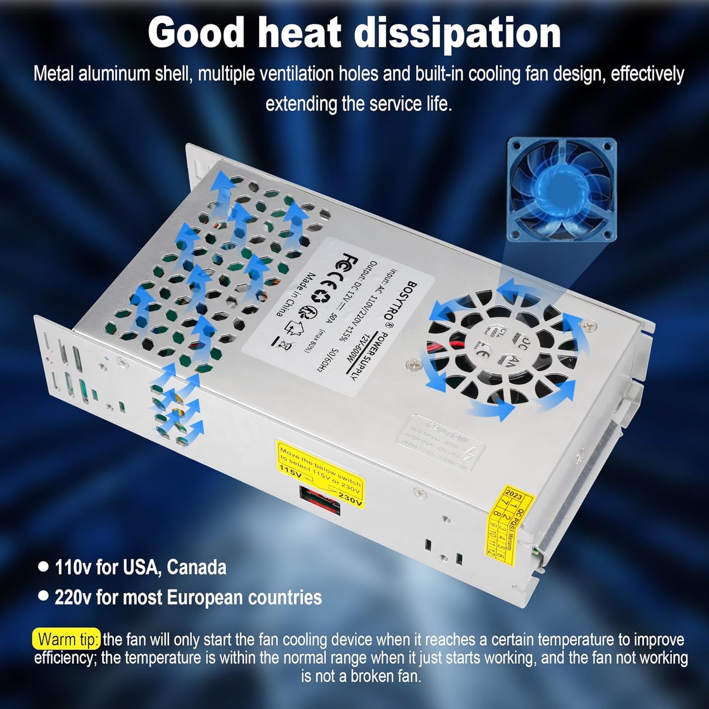BOSYTRO 12V 50A 600W AC110V/220V 12 DC Switching Power Supply, Universal Regulated Switching (SMPS), Volt Power Supply