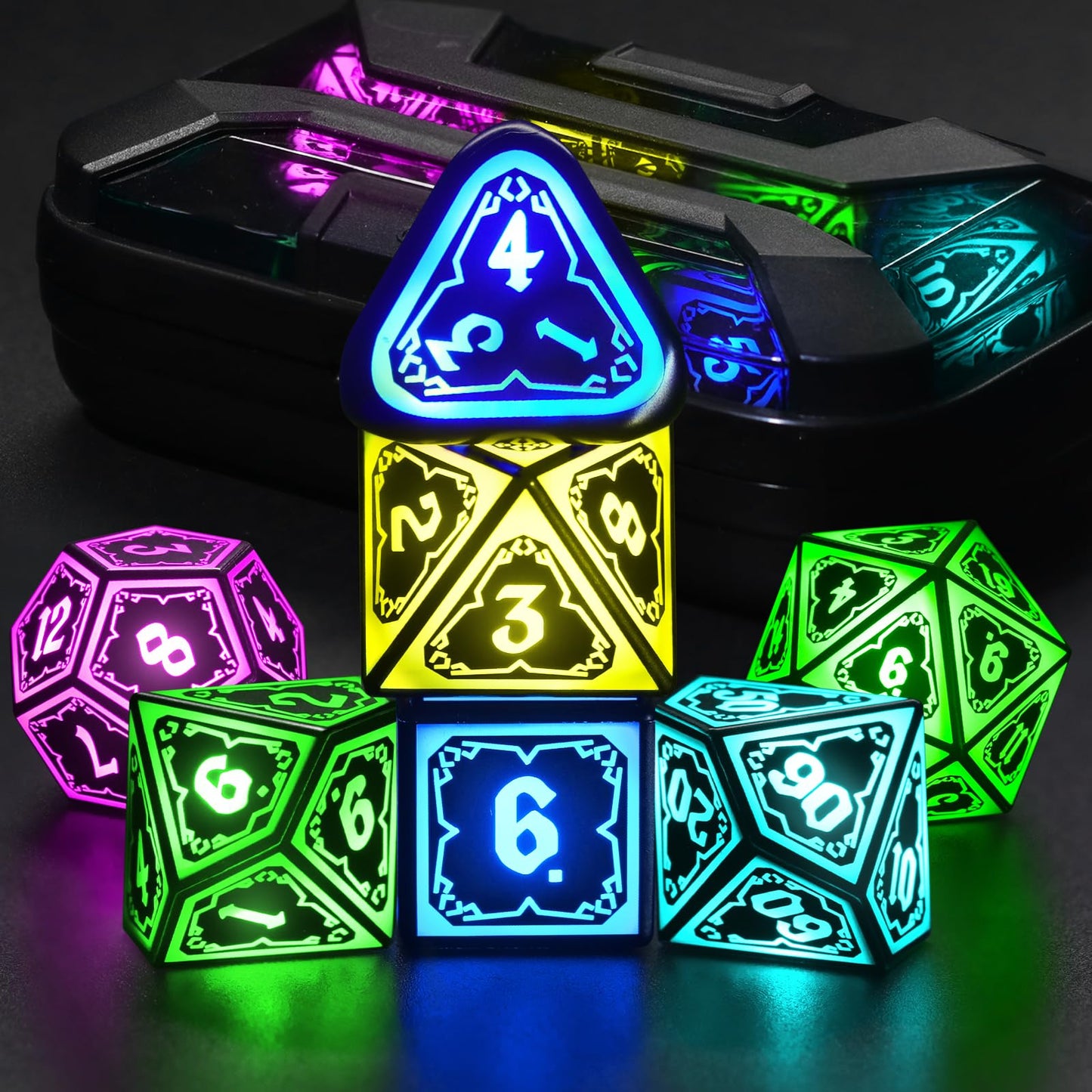 FONVGOGO Wireless Light Up Dice Set D and D RGB for Dungeons and Dragons,Cool LED DND Dice with Charging Box Rechargeable 7 Color Polyhedral Role Playing Dice for DND Gifts RPG(Astral Shard Black)