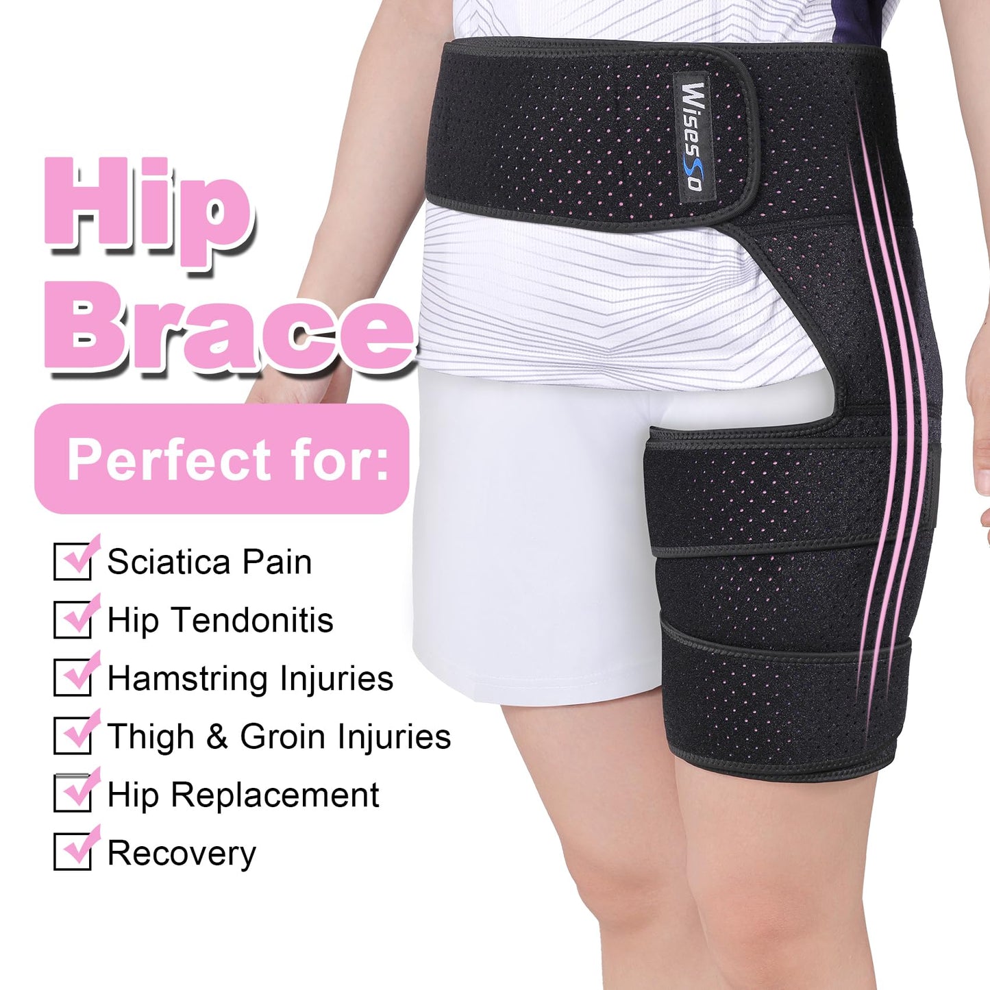 Wisesso Hip Brace, Groin Wrap Hip Braces for Sciatica Pain Relief, Thigh Support for Groin, Thigh, Hamstring, Pulled Muscle Injury, Sciatic Nerve Brace For Men and Women, Pink