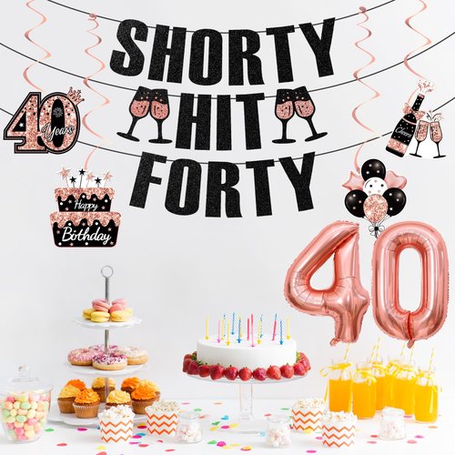 40th Birthday Decorations for Women, Black Rose Gold Happy 40th Birthday Banner Pre-Strung Shorty Hit Forty Banner Funny 40 Foil Balloons Cheers to 40 Hanging Swirls Party Supplies Sign 8PCS