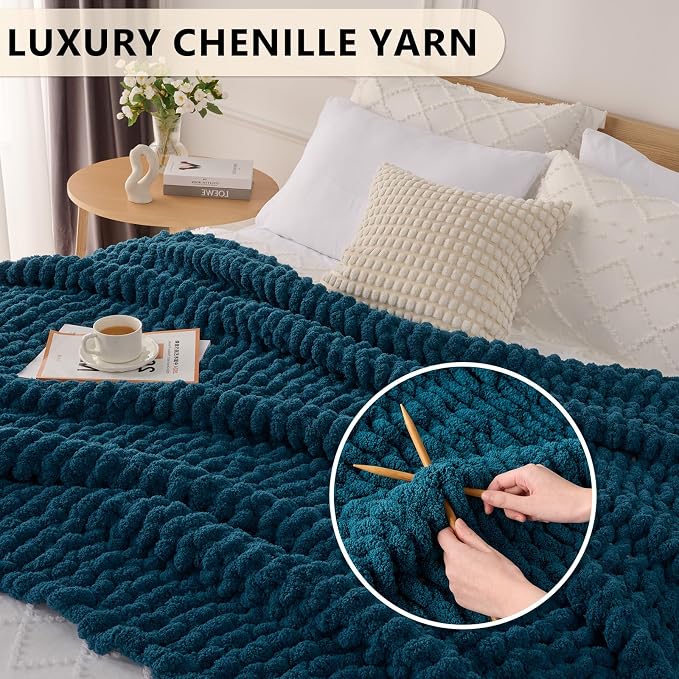 L'AGRATY Chunky Knit Blanket Throw: 72''x84'' Chenille Chunky Knitted Throw Blankets for Bed Couch - Handmade Thick Big Cable Knit Blanket - Large Crochet Rope Blankets for Home Decor(Blue)