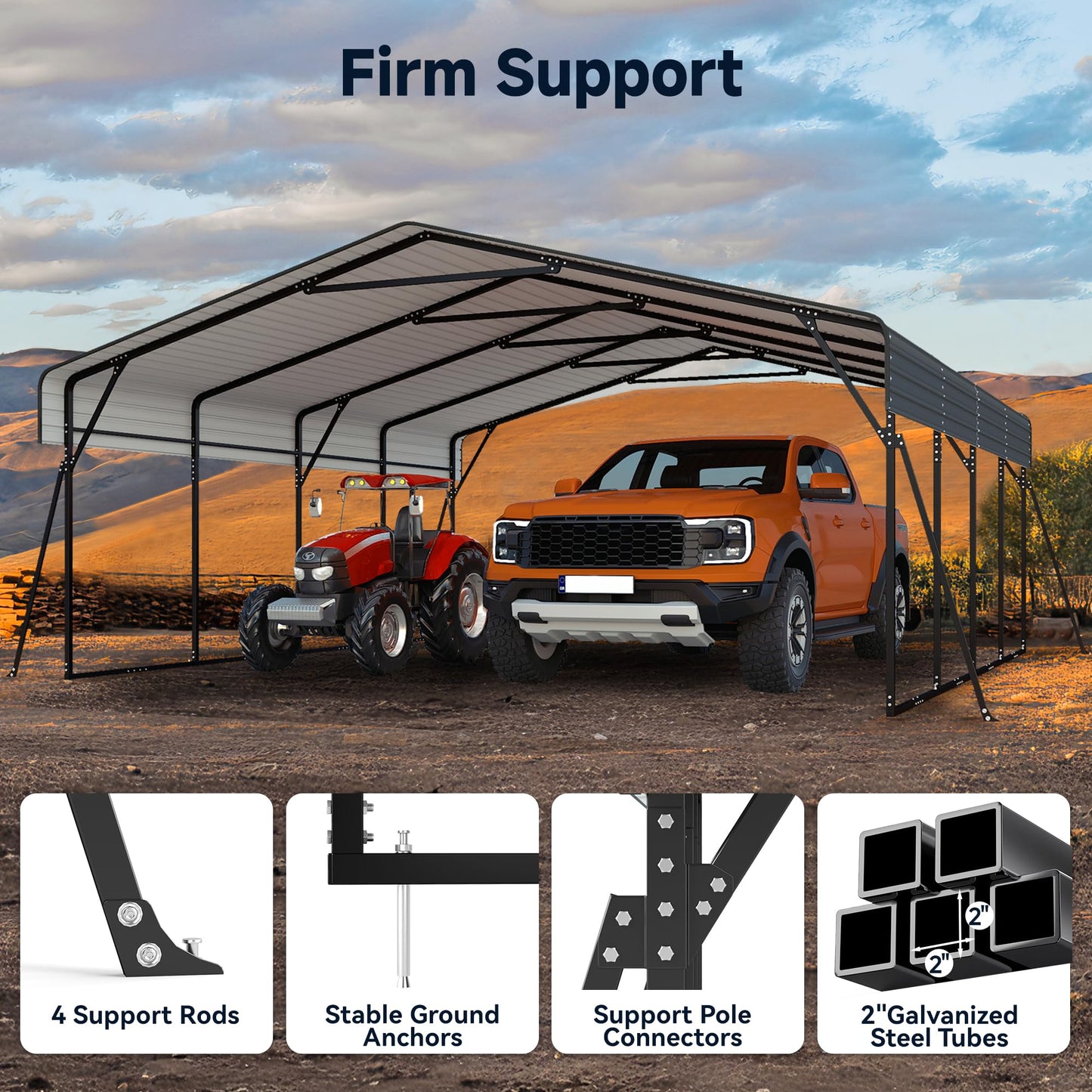 Heavy Duty Metal Carport, 20 x 20FT Outdoor Carport with Galvanized Steel Frame and Roof, Multi-Use Car Shelter for 2 Cars, Pickup, Tractors, Gray