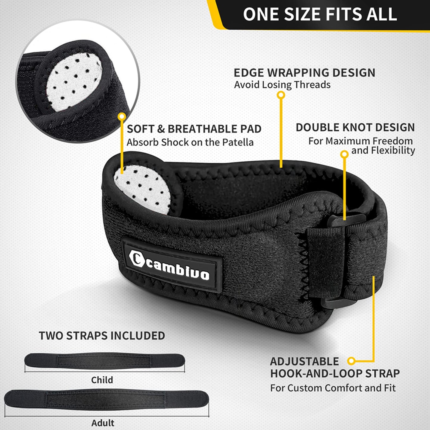 CAMBIVO 2 Pack Patella Tendon Knee Straps, Knee Brace for Women & Men with Extra Straps, Patella Bands for Pain Relief, Osgood Schlatter, Jumper’s Knee, Tendonitis, Running, Basketball, Volleyball