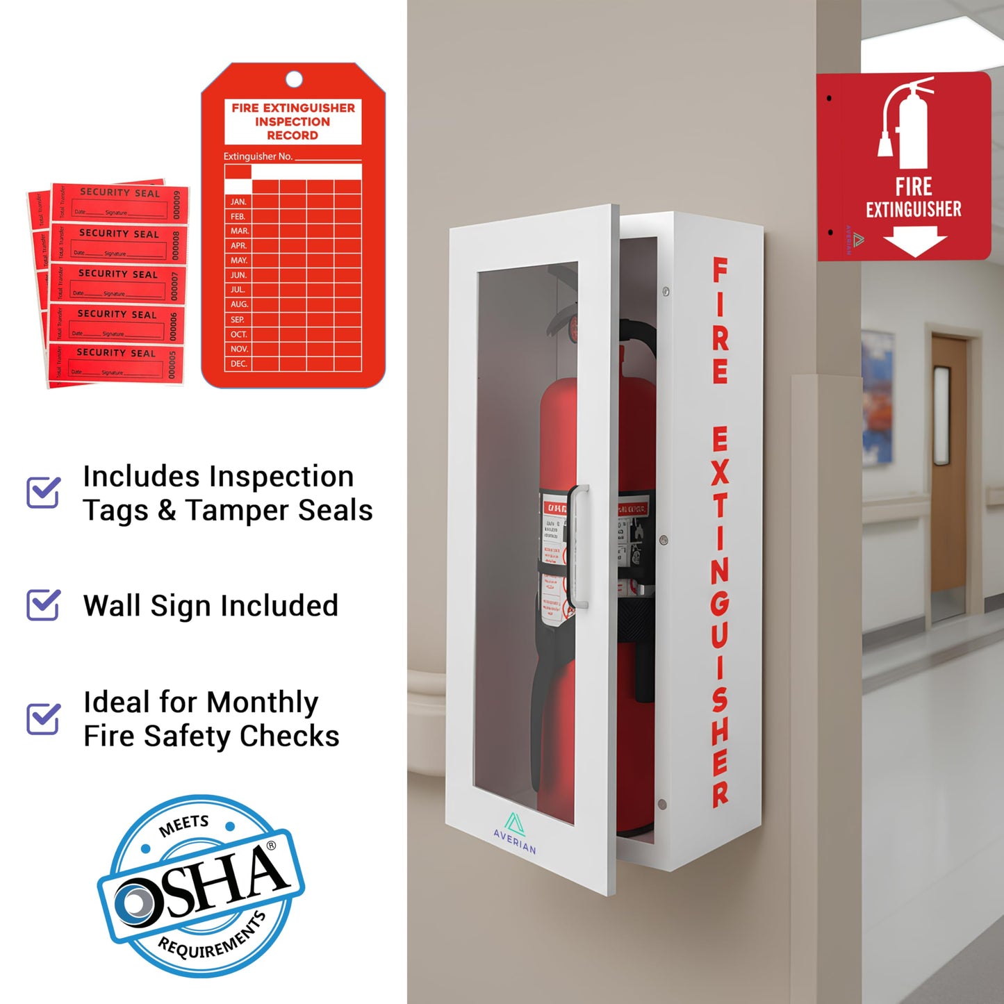 Averian White Fire Extinguisher Cabinet – Heavy-Duty Steel Wall Mount Box with Magnetic Door | Fits 5–10 lb Fire Extinguishers | Complete Fire Box Kit Inside The Package (24.6" H x 10.6" W x 5.9" D)
