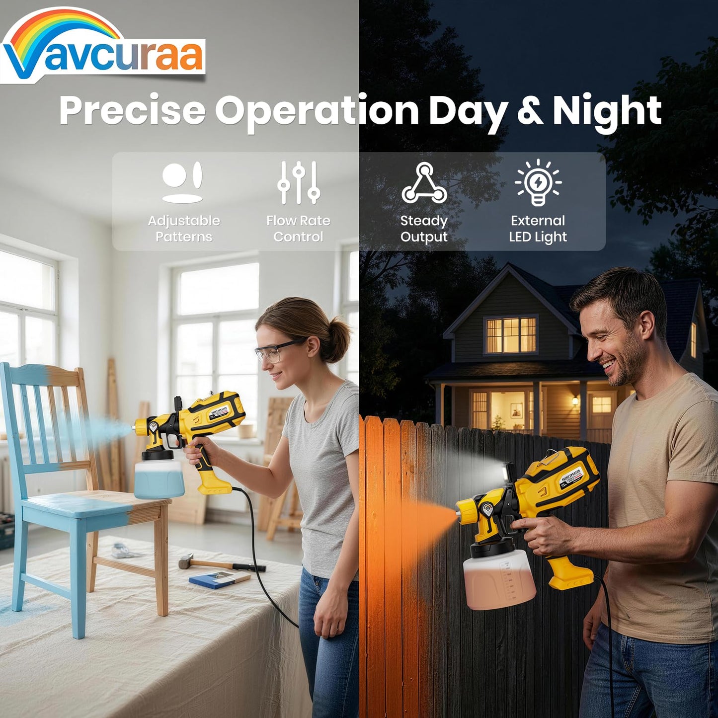 Paint Sprayer for House Painting, 1000W Paint Sprayers with 47oz (1400ml), 6 Copper Nozzles (0.5–2.5mm), LED Light, Adjustable Flow & 3 Patterns, Easy Clean Paint Sprayer for Furniture, House, Garden
