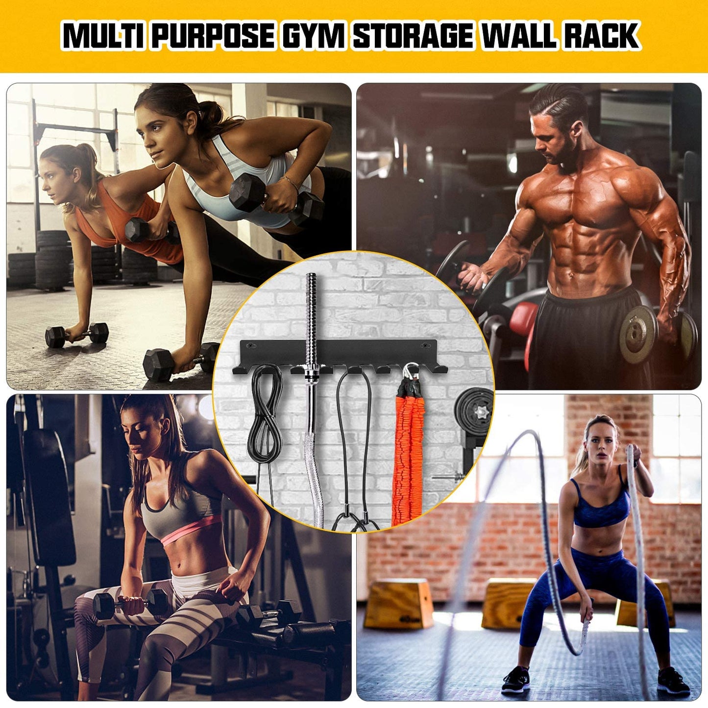 Riuog Wall Mount Gym Storage Rack, Heavy Duty Alloy Steel Workout Organizer with Carabiners, Hanging Holder for Yoga Mat Foam Roller Resistance Bands Jump Rope, Black