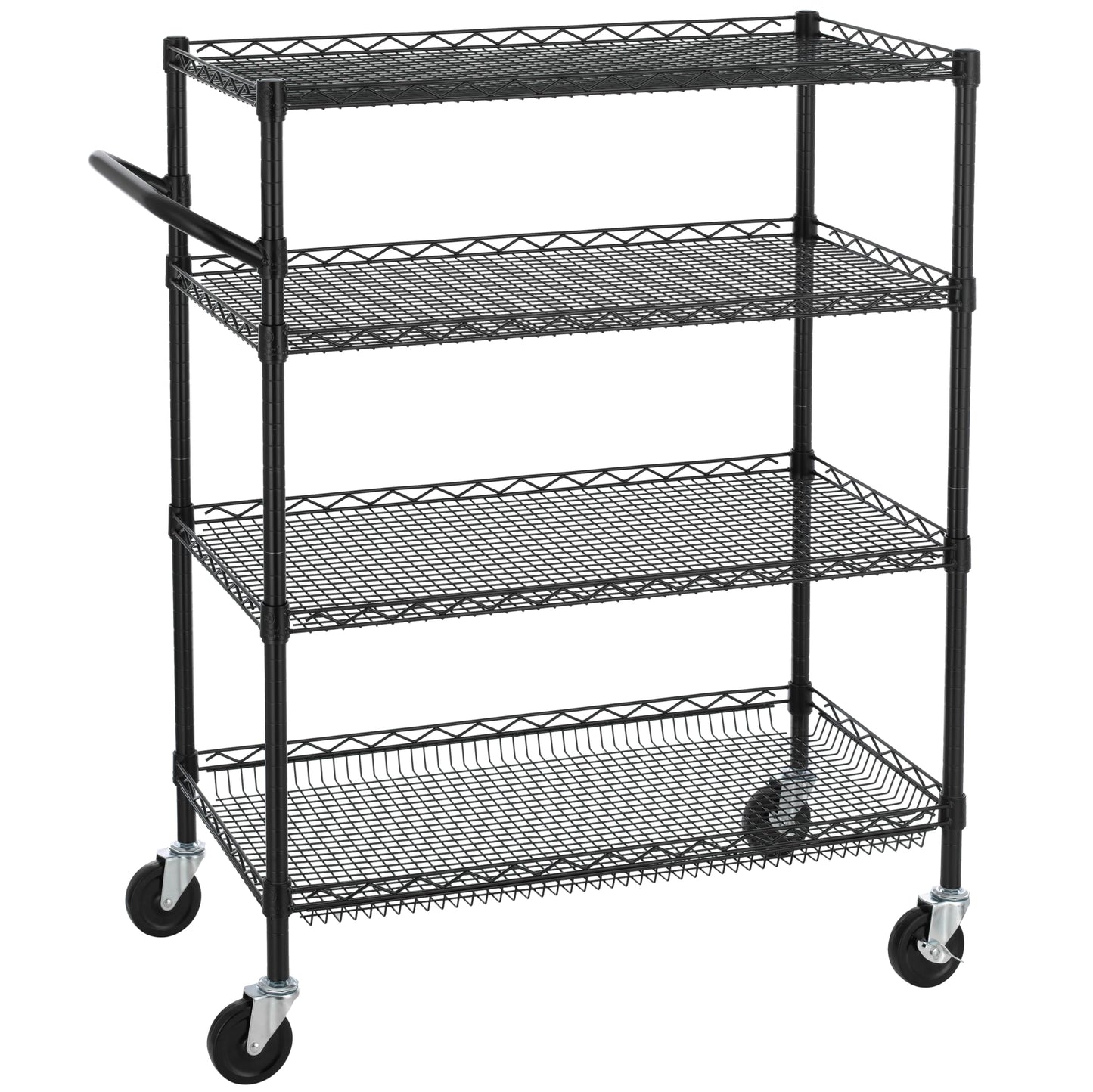 Finnhomy 4 Tier Heavy Duty Commercial Grade Rolling Cart with Handle Bar, Metal Wire Utility Cart with Wheels, Service Trolley on Wheels, Shelf Size 18" D x 36" W, NSF, Black