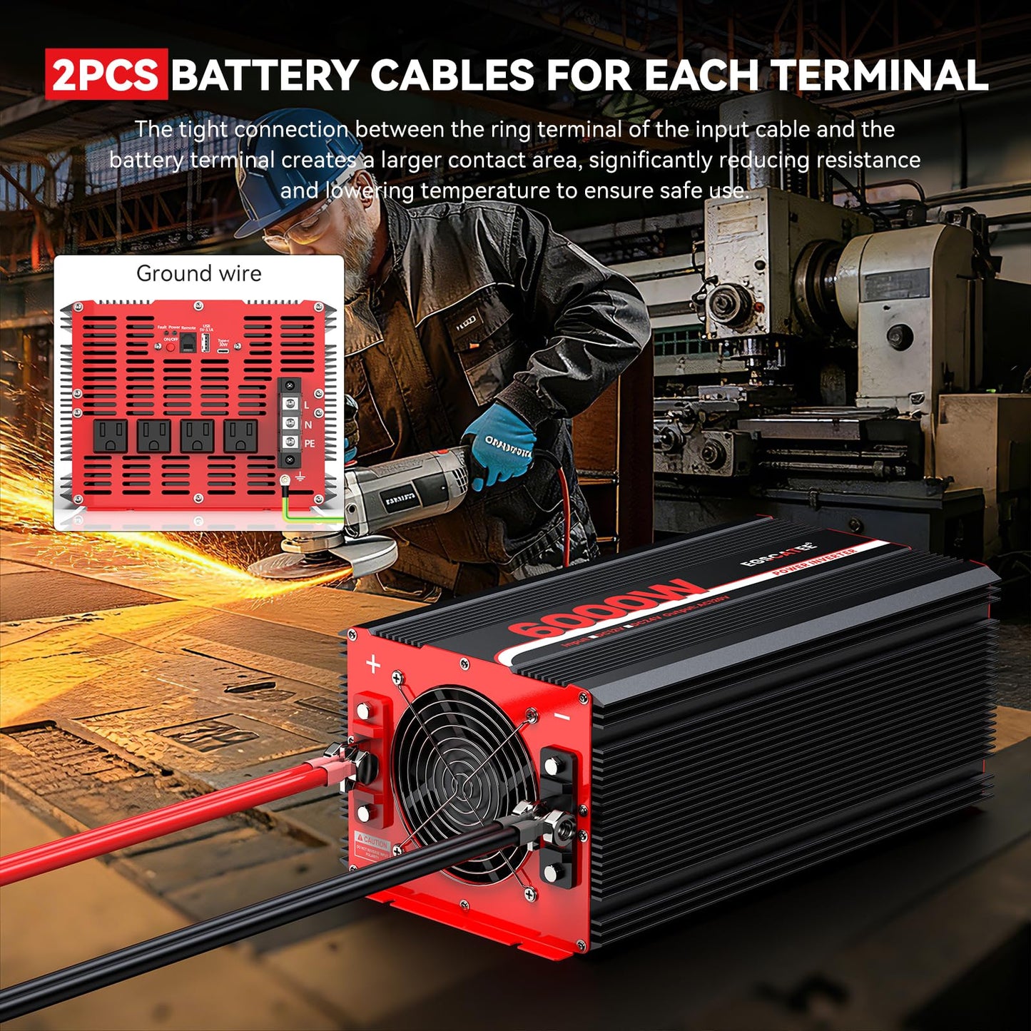 6000W Power Inverter 12V DC to 120V AC, 11000W Peak Off-Grid Solar Converter for 12V Battery Bank, RV, Truck & Home Backup Power System, 4 AC Outlets, USB & Type-C Port, LCD Remote Controller