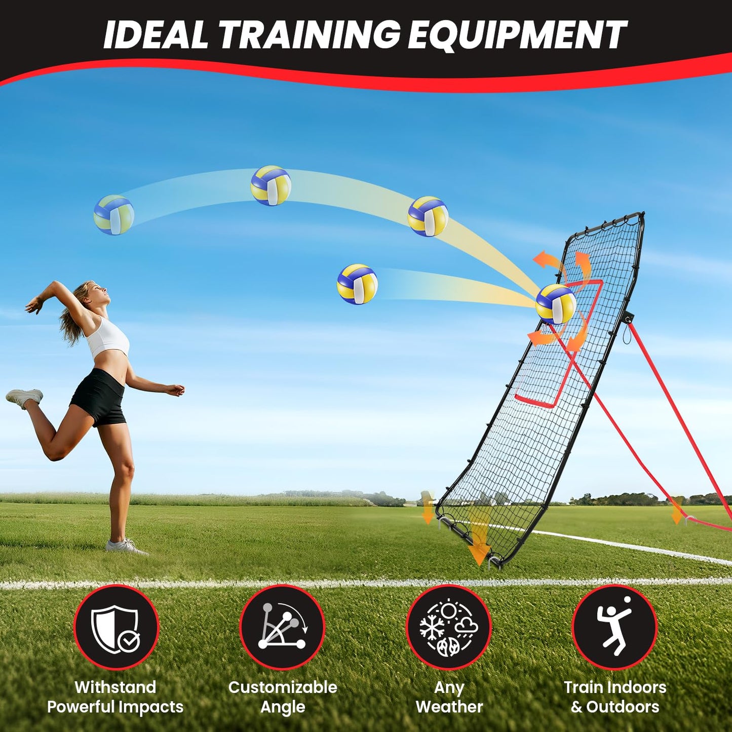 BAGAIL Volleyball Rebounder Net 7x4 Ft, Bounce Back Training Equipment with Unique Curved Frame for Better Catching, 5 Adjustable Angles for Volleying & Spiking, Easy Set Up & Sturdy Base - Red