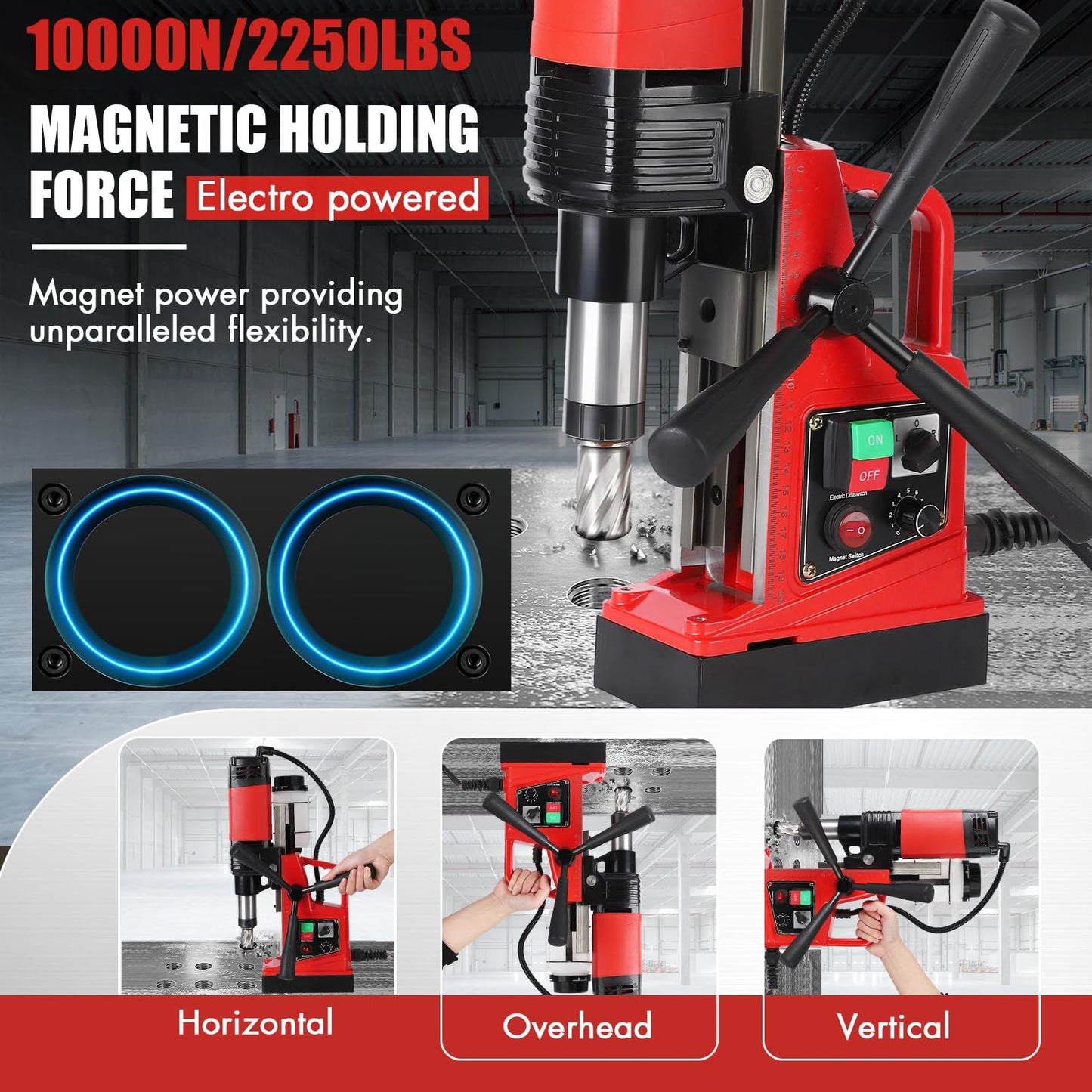 Magnetic Drill Press - Double Track, 110V, 1.6 Inch Boring Diameter, 1300W, 810 RPM, 11Pcs Drill Bits, Mag Drill, Ideal for Industrial and Home Decoration