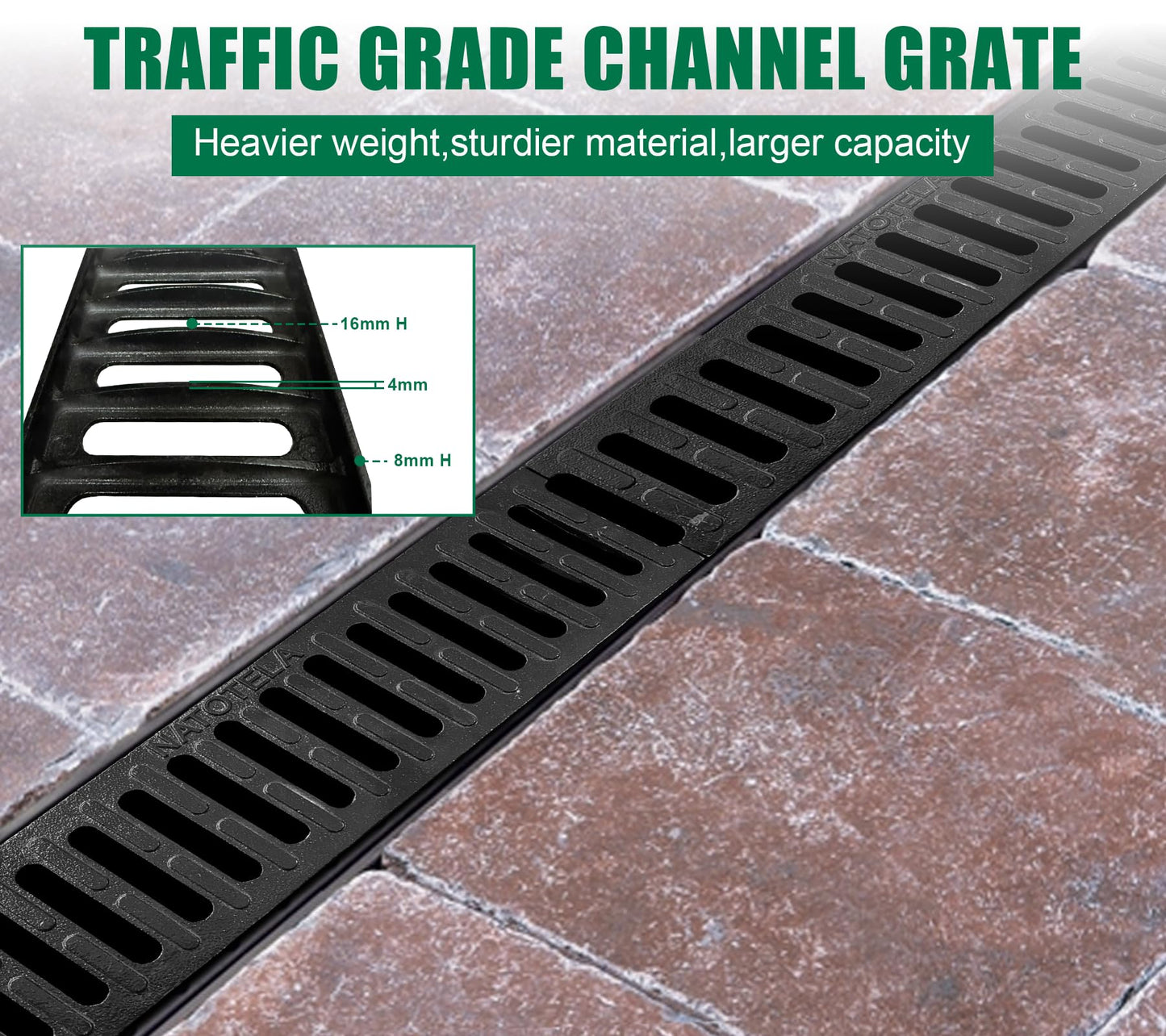 Natotela B Class Driveway Channel Drain with Ductile Iron Grate-19.7Lx5.5Wx3.9H in. Trench Drain System,12 Pack Total Length 236.22in,Heavy Duty Trench Drainage for Garage,Parking Lot,Concrete