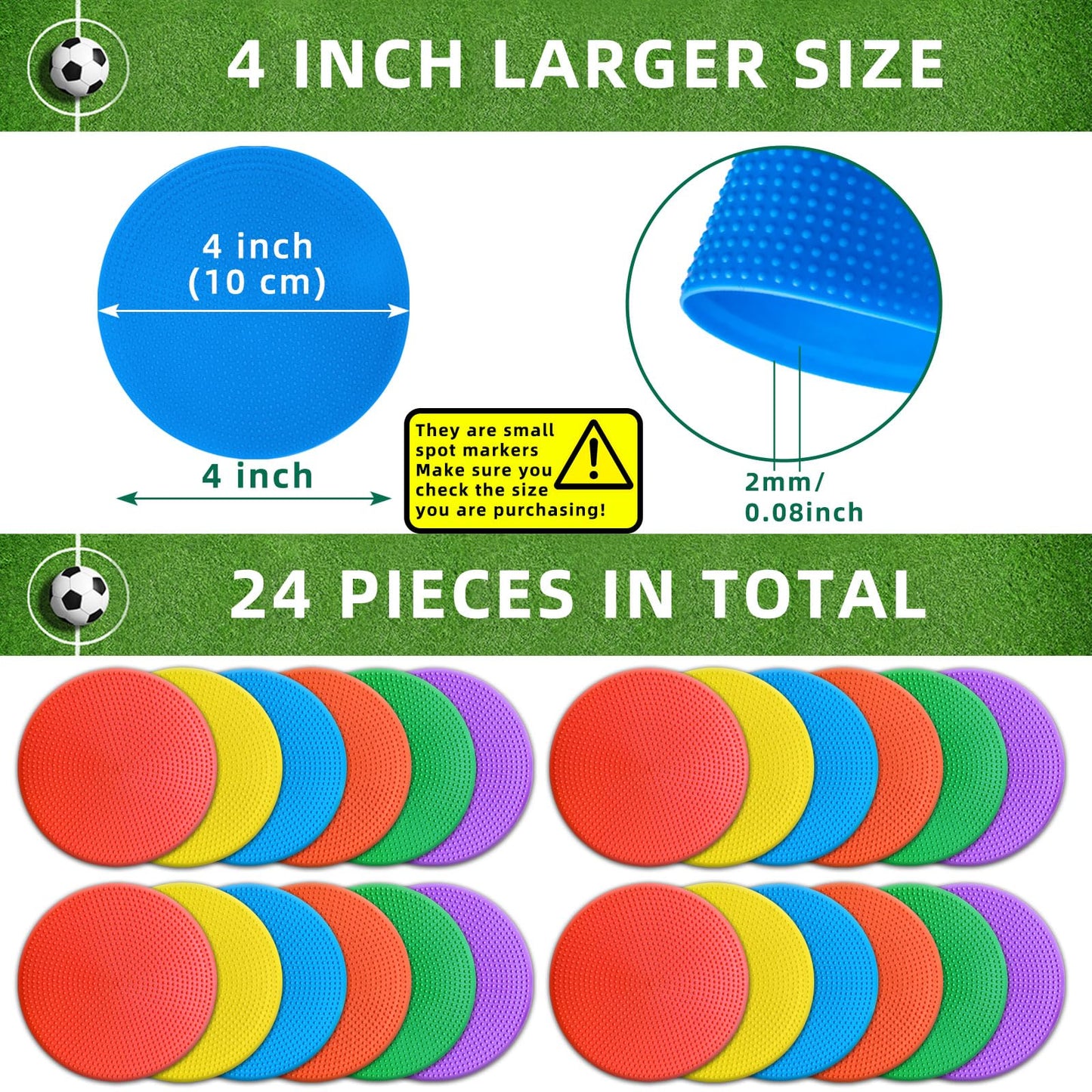 PIKZH Poly Spot Markers 4 inch 24 Pcs Non-Slip Rubber Agility Training Markers Floor Dots Flat Field Cones for Football, Soccer, Basketball, School Exercise Drills, Gym Dance Practice TPE