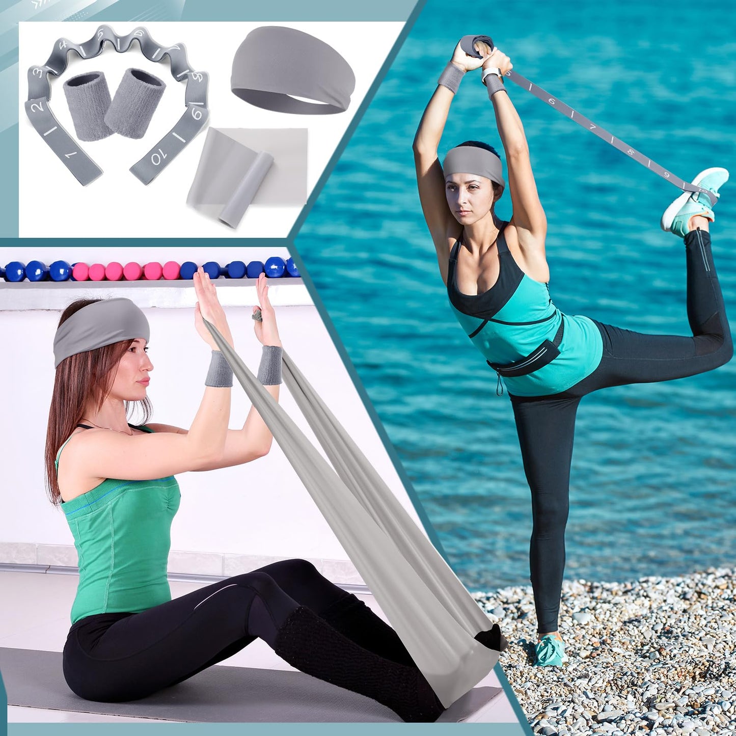 Poen 18 Pcs Home Pilates Ball and Ring Circle Set Yoga Fitness Essentials Kit with 5 Resistance Band Stretching Strap Non Slip Sock Ball Core Slider Wristband Headband Gym Bag for Women(Gray)