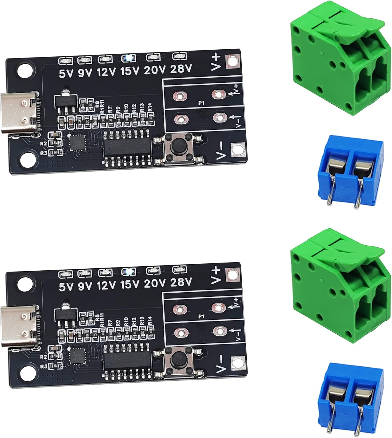 Euogeudel 2PCS PD3.0/3.1 5V 9V 12V 15V 20V 28V 5A USB-C QC Trigger Module Female Input Adjustable Voltage Power PD Sink