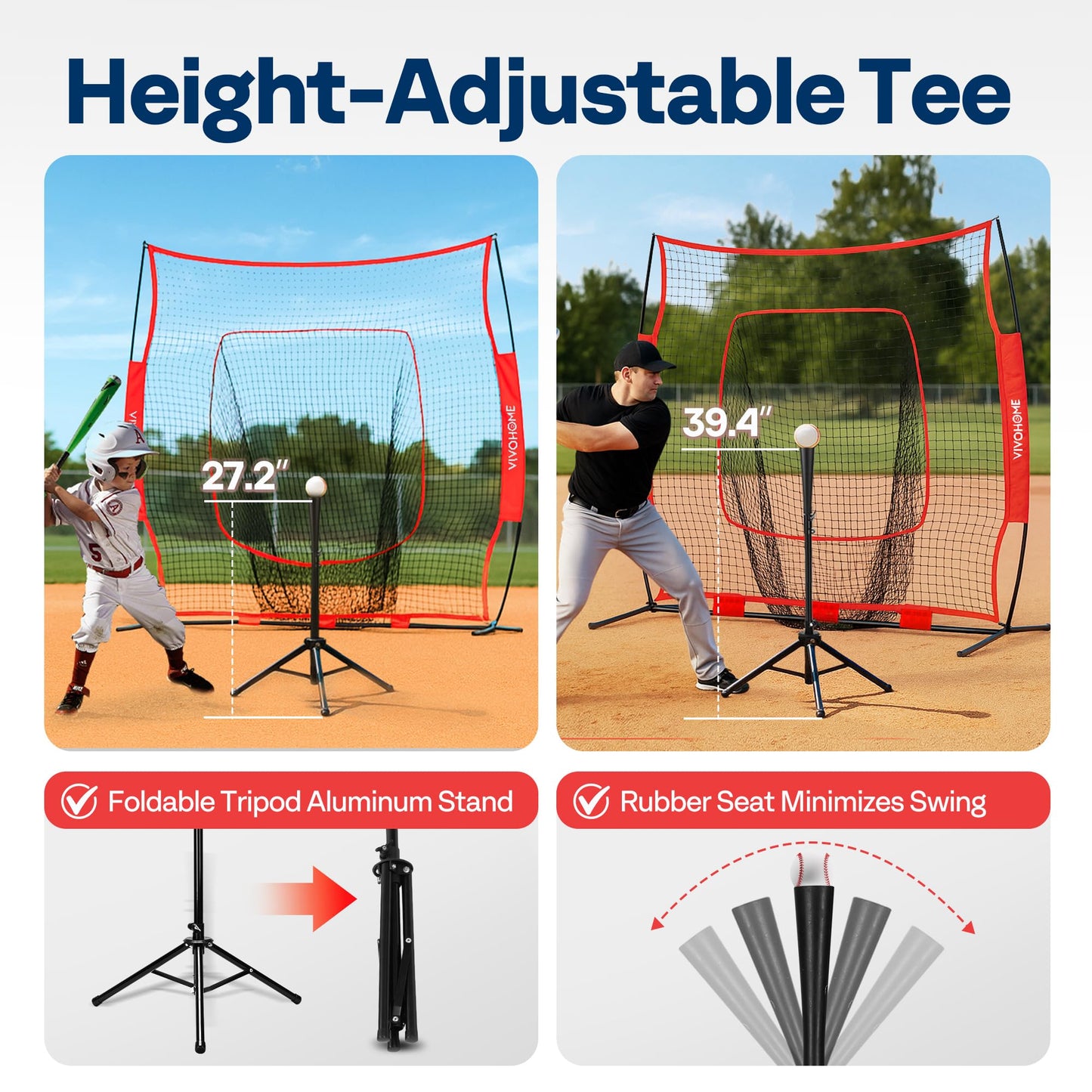VIVOHOME Baseball Softball Batting Net - 7x7 Ft Baseball Backstop, Softball Practice Net for Hitting, Pitching, Throwing with Batting Tee and Carry Bag, Red