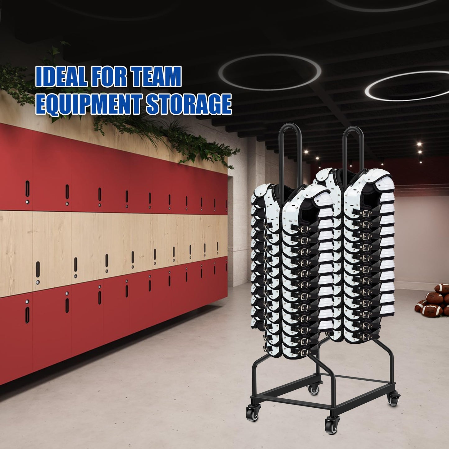 Football Shoulder Pad Rack with Lockable Wheels, Heavy Duty Steel Football Shoulder Pad Organizer, Large Capacity Sports Equipment Storage Rack for Locker Room, Team Equipment and Training Facilities