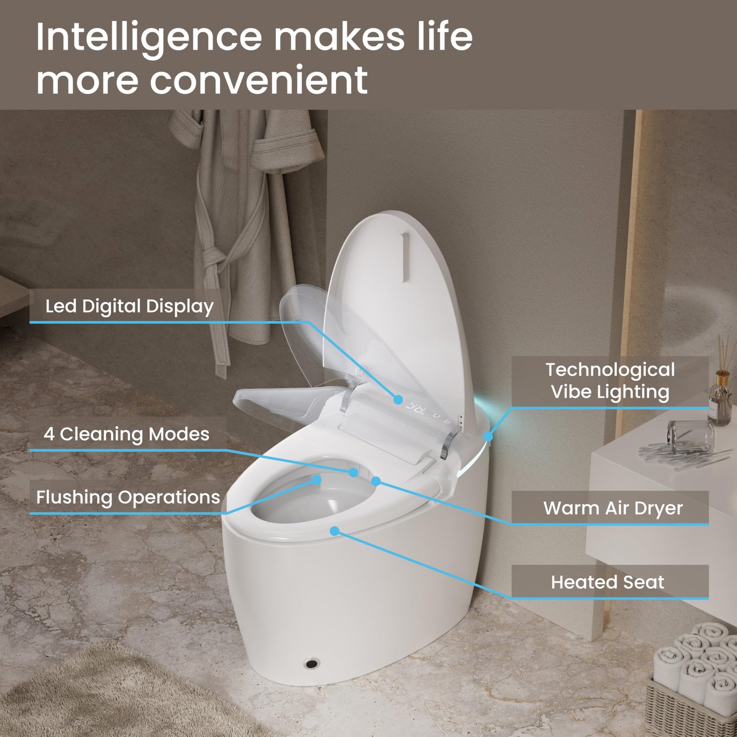 Bybarenova Smart Toilet with Bidet Built in, Tankless Elongated Smart Toilet, Auto Flush, Warm Water and Dryer, Soft Close Heated Seat, Digital Display, 12'' Rough-in