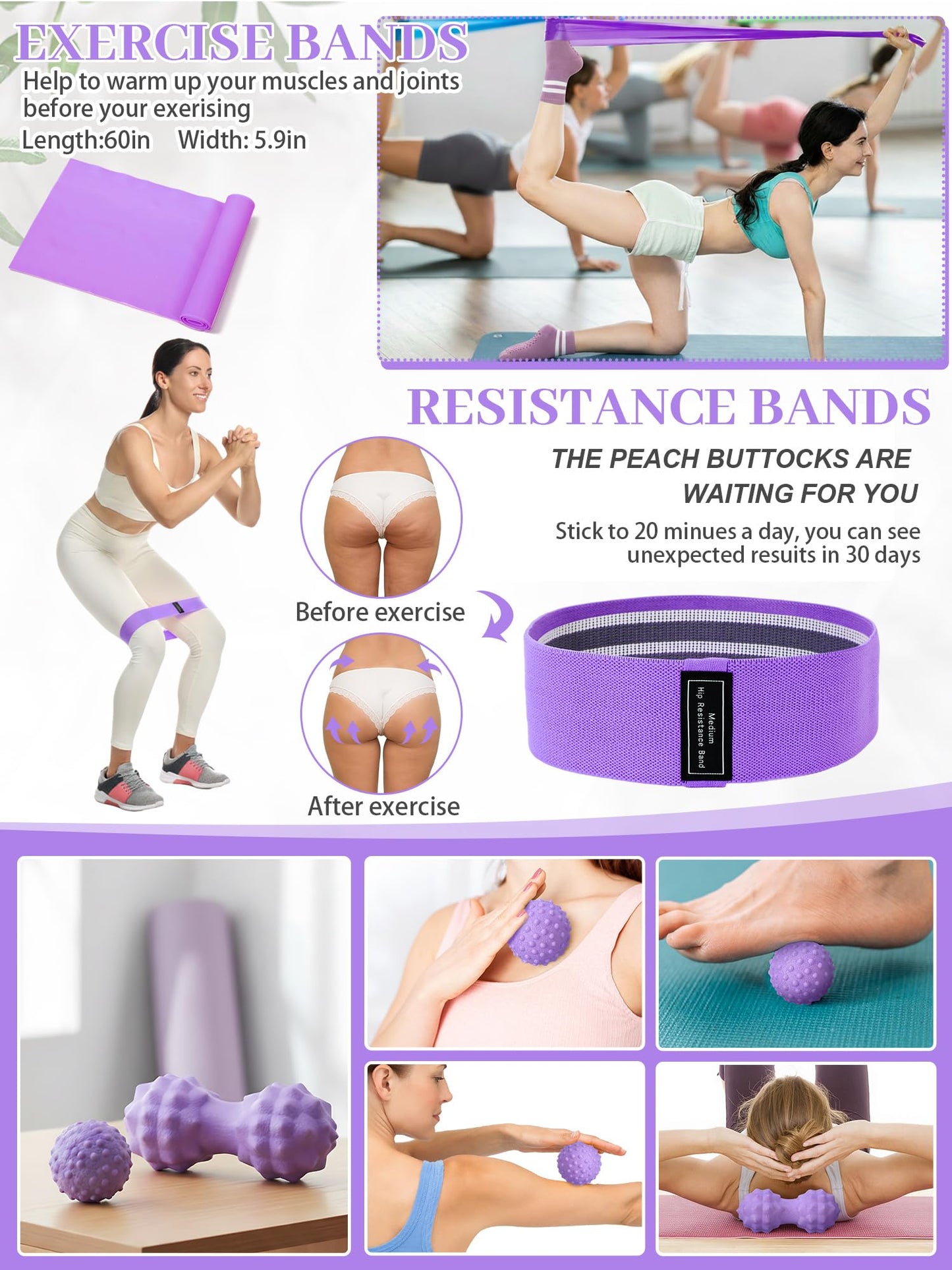 17 Pcs Yoga Essential Kit for Women, Pilates Equipment Starter Set for Beginners with Yoga Wheel Ball Blocks Strap Resistance Bands Wrist Rings Socks Towel & Carry Bag for Home Workouts(Purple)
