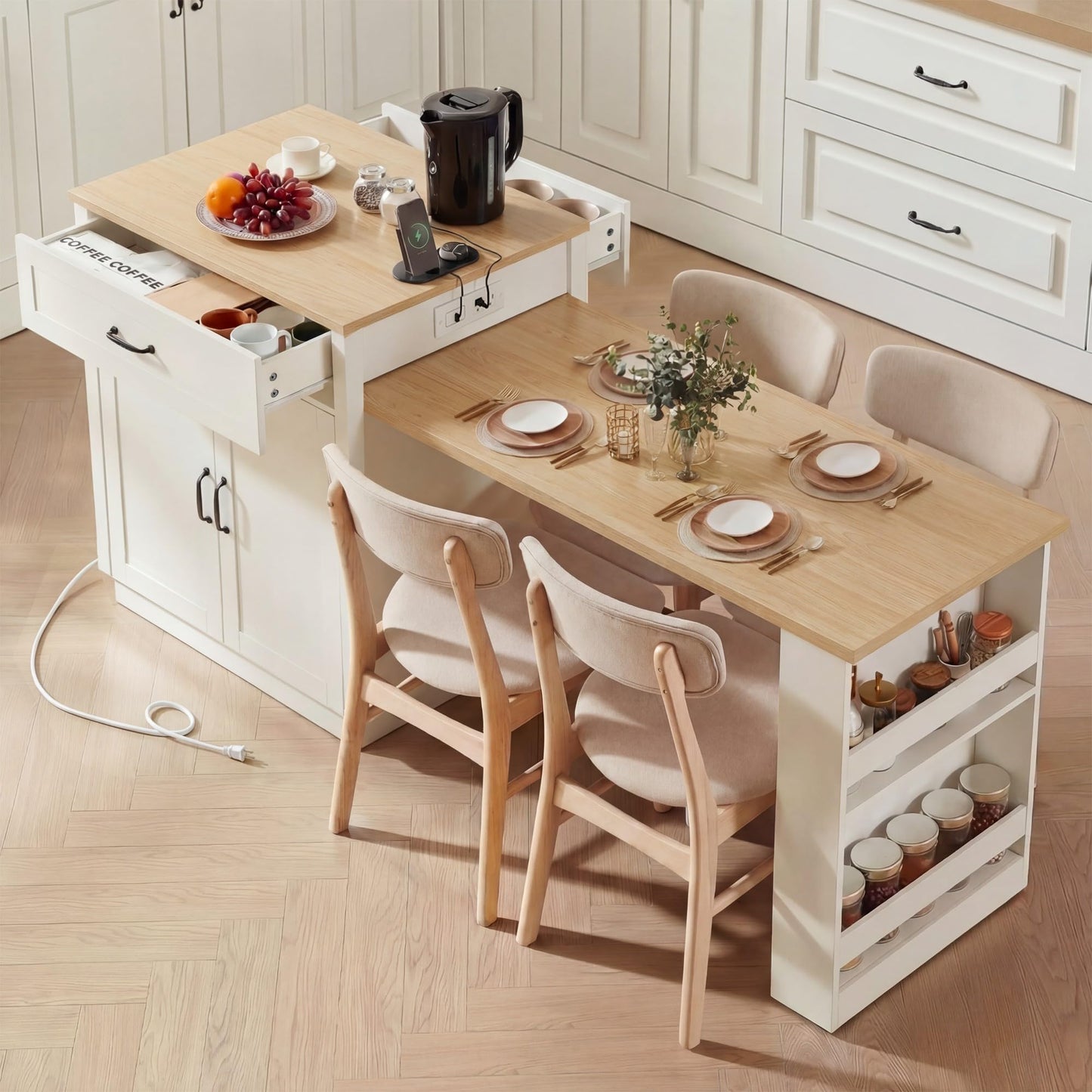 MEETFAV 82.7" Kitchen Island with Extendable Dining Table, Modern Stationary Island Table with Double-Sided Storage, Power Outlet, 2 Drawers and Side Shelves for 4-6