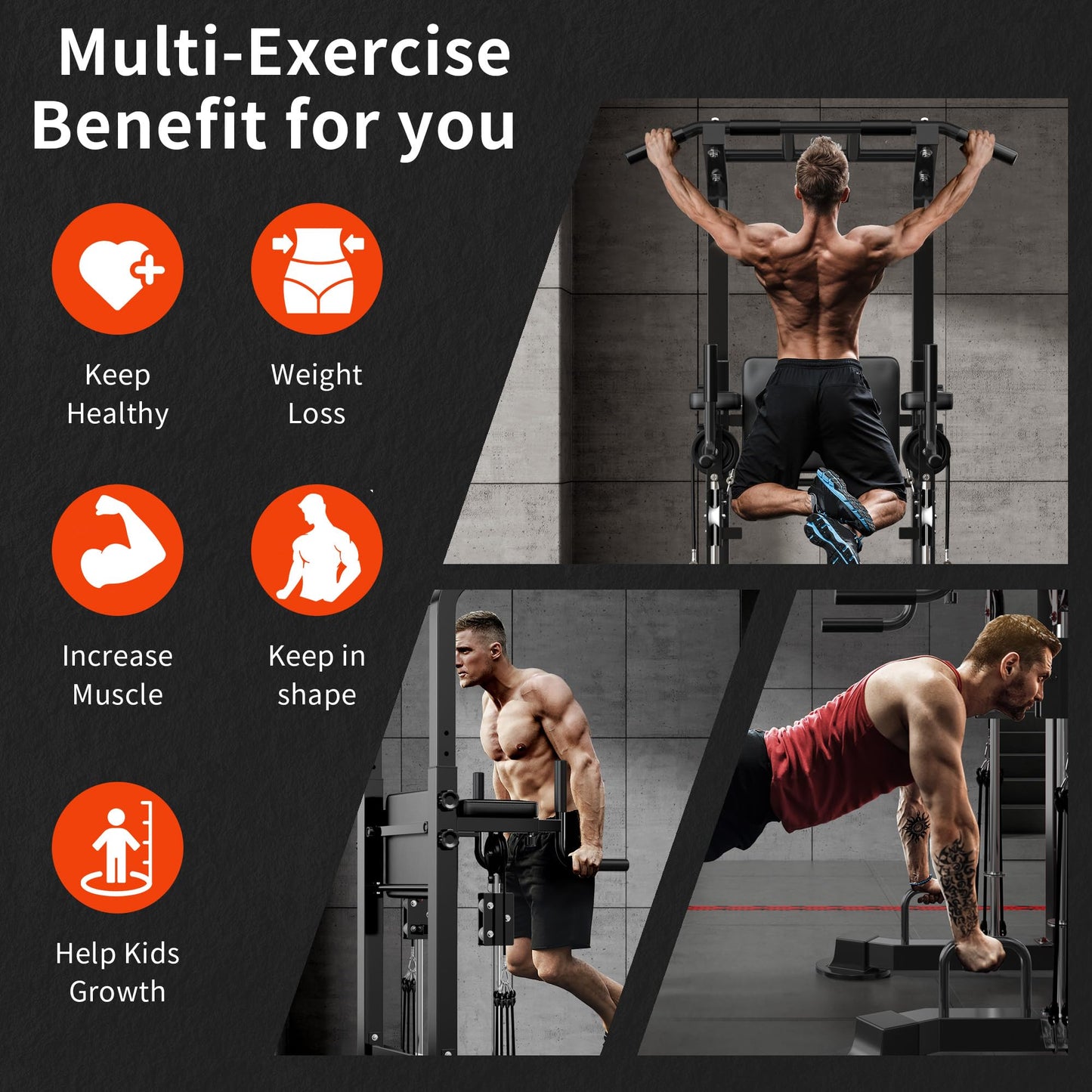 SogesHome Power Tower Pull Up Bar and Dip Station, Multi-Function Pull Ups, Adjustable Height Dip Bar Strength Training Workout Equipment, Pull Up Stand Workout for Home Gym Exercise Equipment, Black