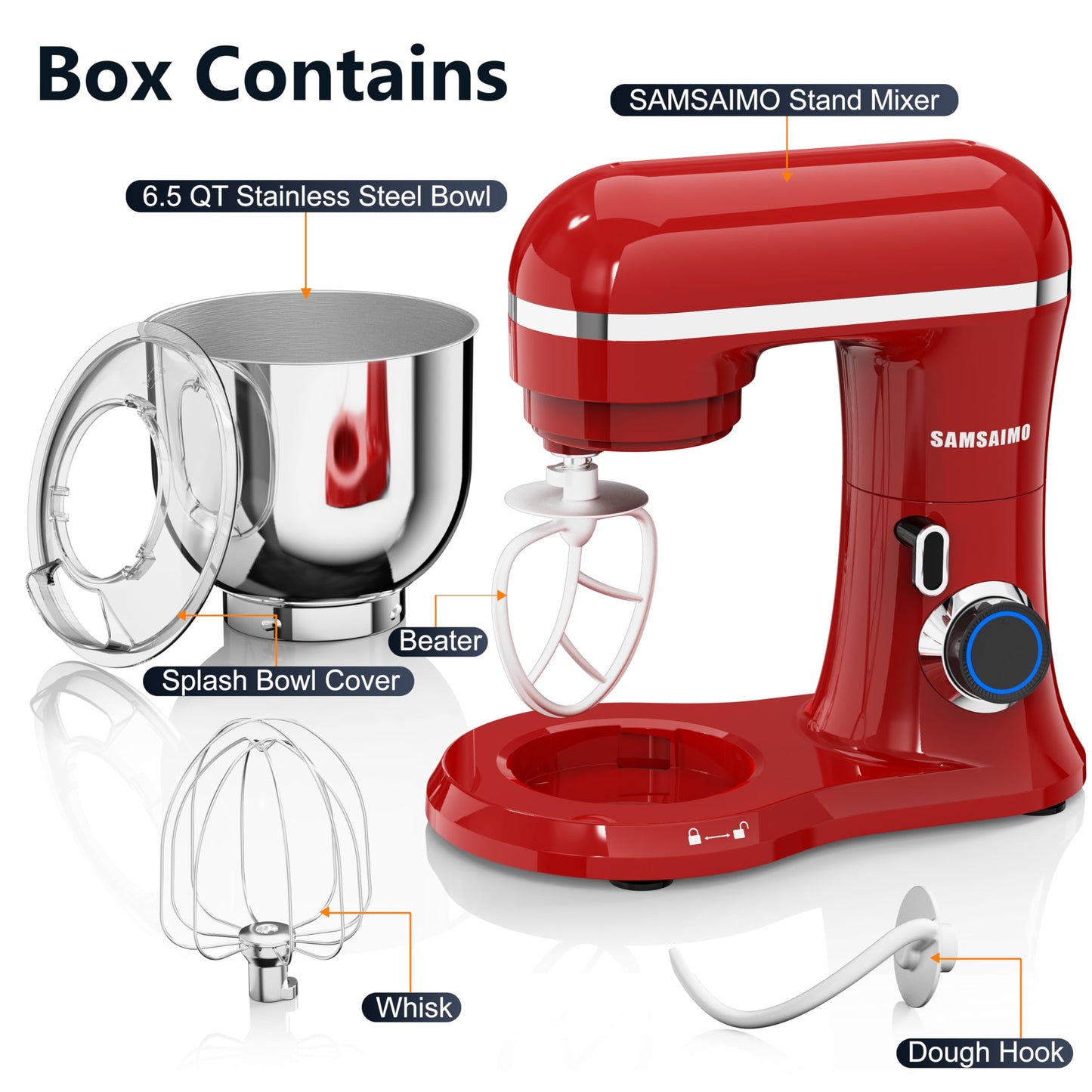 SAMSAIMO 3-IN-1 Electric Stand Mixer, 10-Speed With Pulse Button, Attachments include 6.5QT Bowl, Dough Hook, Beater, Whisk for Most Home Cooks (Empire Red)