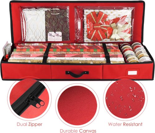Hearth & Harbor Wrapping Paper Storage Container - Tear-Proof Christmas Gift Wrap Organizer | Fits 22 Rolls, Red