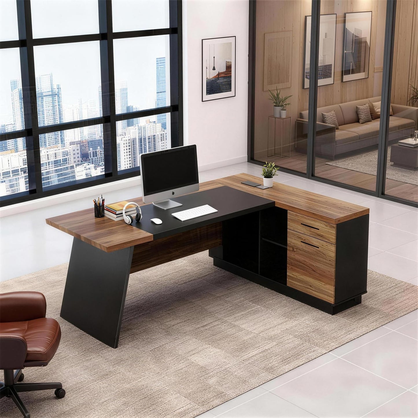 ONNAHOMEStlyle 78.74 Inch L Shaped Office Desk with Drawers & Built-in Power Access, Large Executive Workstation with Storage Cabinet, Modern Wooden Desk for Business or Home Office (claybank, Right)