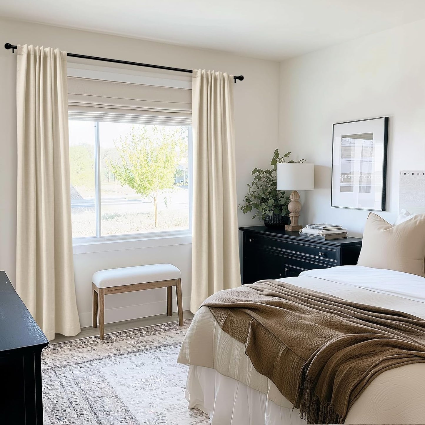 Skiennix 100% Blackout Curtains - Thermal Insulated Faux Linen | 84" Length, 2 Panels, Butter Cream