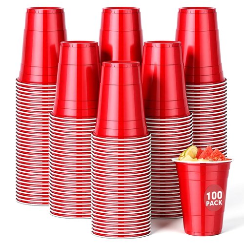 Dualshine 100 Pack Red Plastic Cups 16 oz, Disposable Cups for Party, Heavy Duty Drinking Cup, Graduation Shot Cup for Wedding Birthday Beer Taste Serving Snack Sample Tastings Barbecues and Christmas