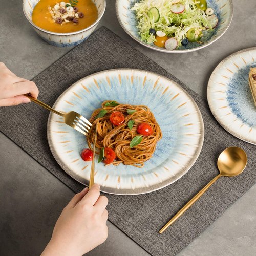 MissYip Melamine Dinnerware Set, 16 Piece for 4, Unbreakable Kitchen Plastic Plates and Bowls set, Indoor and Outdoor Use Tableware, BPA Free, Dishwasher Top Safe, Not Microwave, Not Oven(Blue)