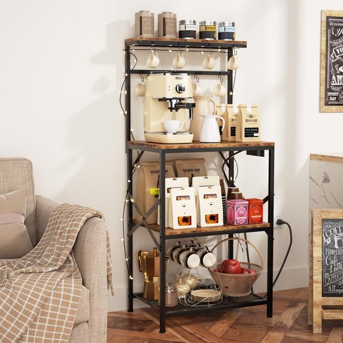 Korfile Kitchen Bakers Rack with Power Outlet, Small Coffee Bar Cart 4 Tiers, Microwave Stand Station with 8 S Hooks, Adjustable Shelf, Freestanding Kitchen Appliance Organizer, Rustic Brown