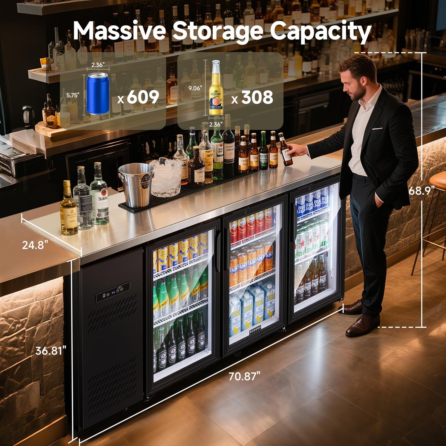 BODEGA BODEGACOOLER Commercial Bar Cooler with 3 Glass Doors, 20.5 Cu.Ft Back Bar Beverage Refrigerator for Beer Soda Wine,LED Lighting With Stainless Steel Top,Casters Kitchen Buffet Table Use