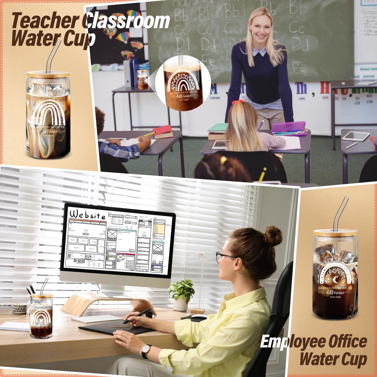 Uiifan 20 Pcs Employee Appreciation Gifts Thank You Glass Cup for Nurse 16 oz Rainbow Sign Cups Can with Bamboo Lid Glass Straw Gift for Teacher, Library, Healthcare Worker, Lab Worker, Volunteer