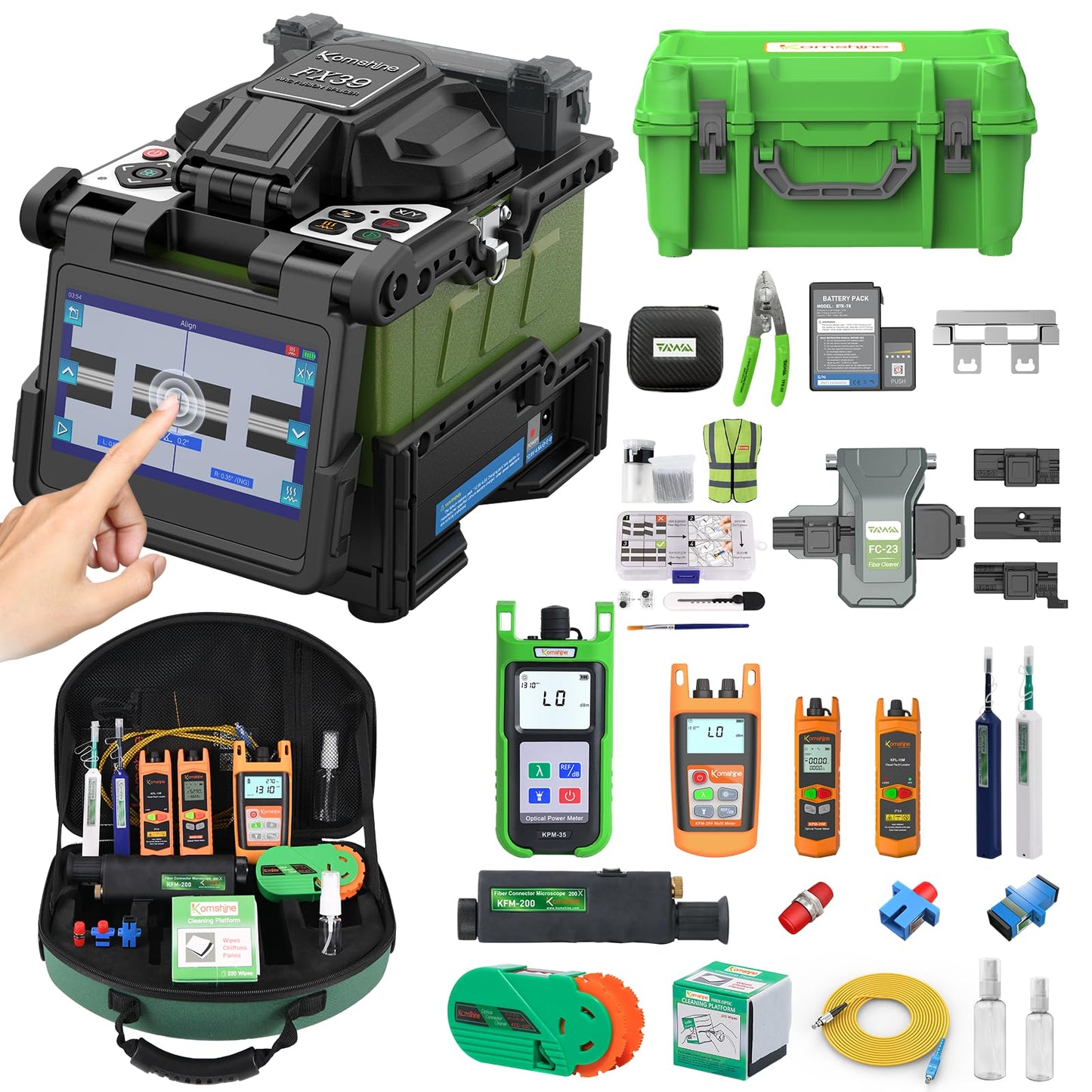 Touch Screen 6 Motors Komshine FX39 Fiber Fusion Splicer Full Set 6s Splice;16s Heat with Extra Electrodes, Full FTTH Toolkit with Microscope 200x, Power Meter, Light Source, Cleaner Tools