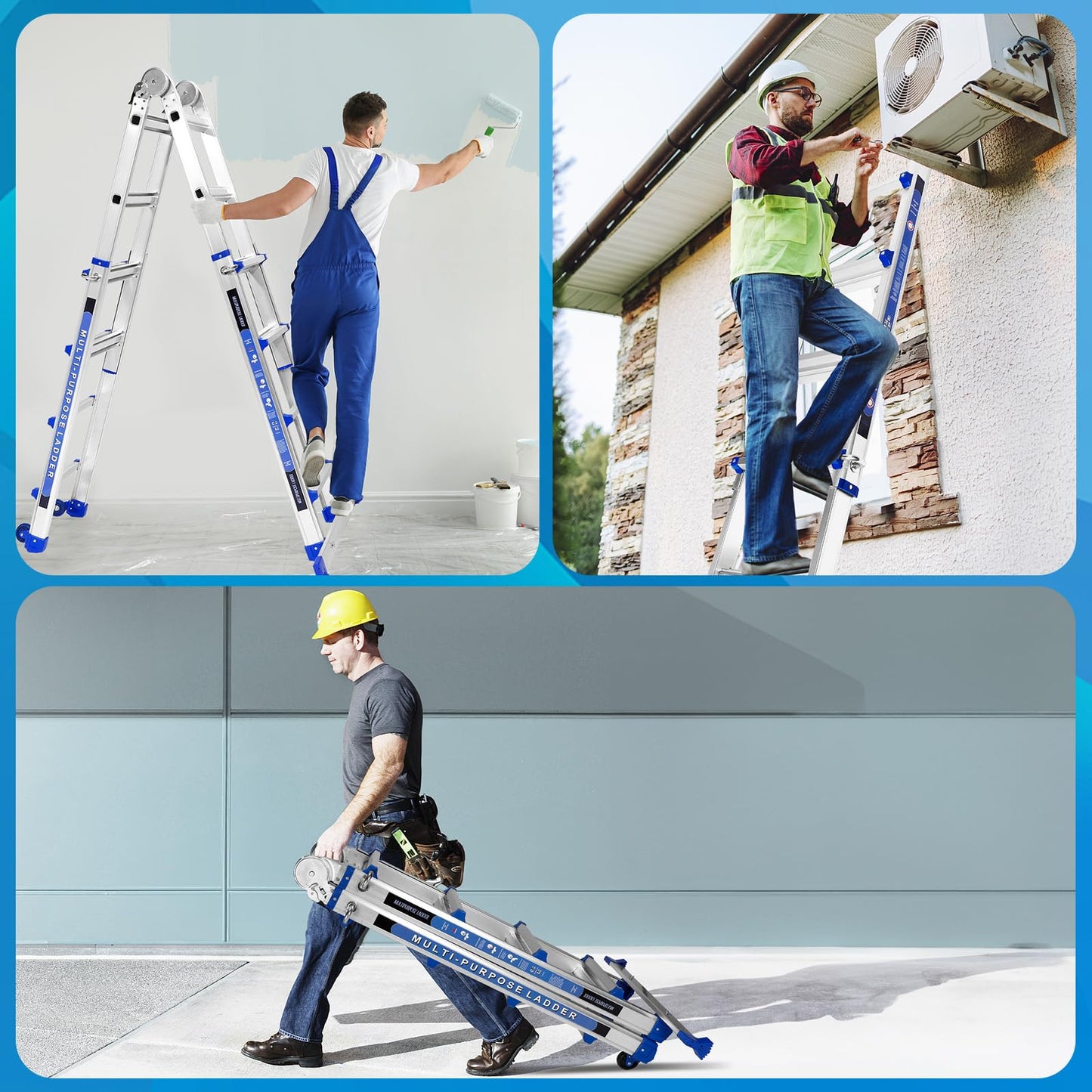 Wolec Telescoping A-Frame Ladder- 17 FT Folding Extension Ladder with Wheels & Stabilizer Bar, 330lb Security Load Multi Position Ladders for Stairs Home Indoor Outdoor Roof-Blue