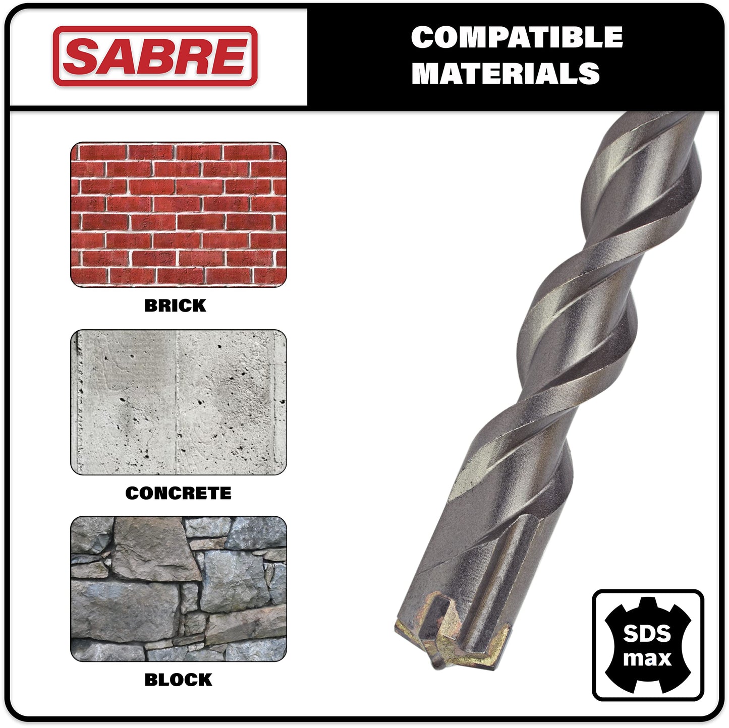 Sabre Tools - SDS Max Drill Bits Set for Brick, Stone, Concrete, 1/2in x 13in, 5/8in x 13in, 3/4in x 13in, 7/8in x 13in, 1in x 13in, 1-1/8in x 14in, 1-1/4in x 14in, 1-1/2in x 14in (8-Piece Set)