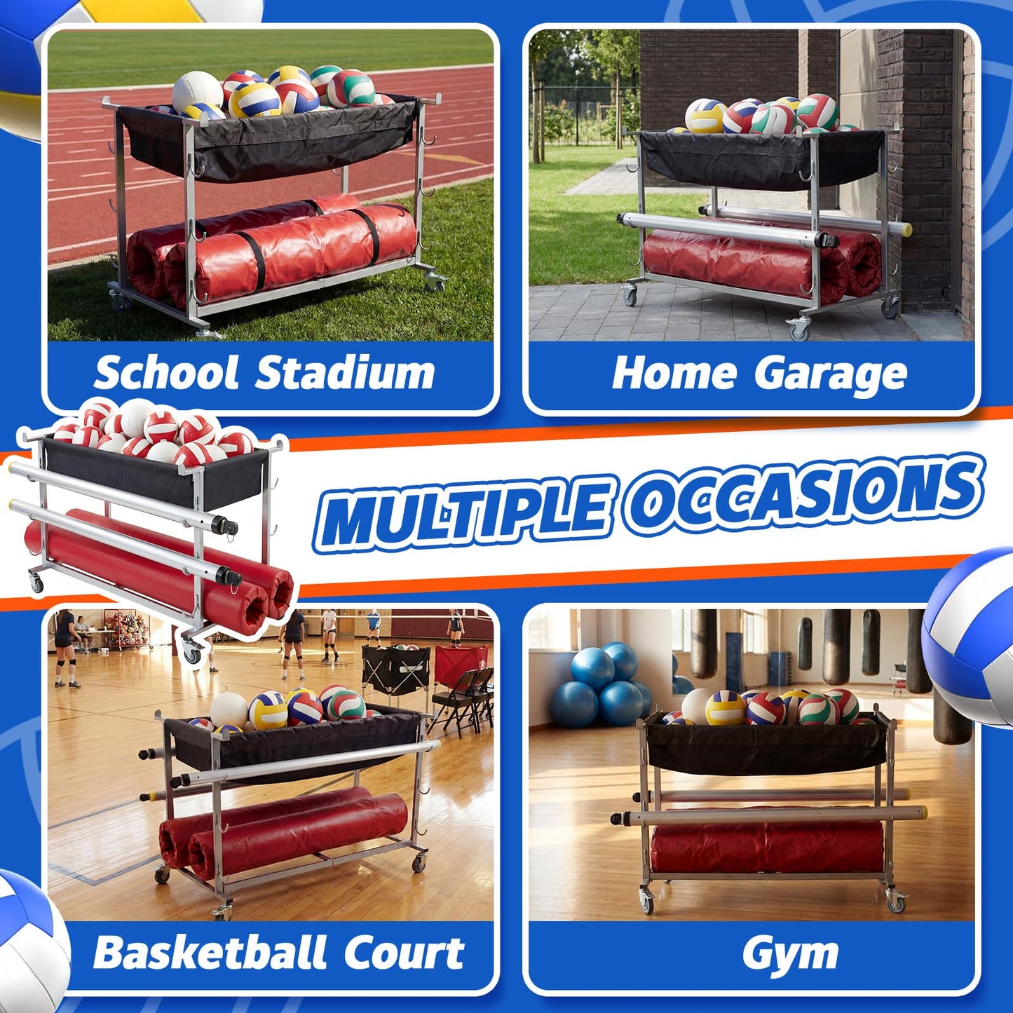 Datanly Volleyball Equipment Cart with Wheels 60 Inch Heavy Duty Volleyball Gear Storage Trolley with Removable Polyester Baskets Grey Portable Ball Cart for Balls Pads Nets Training Aids