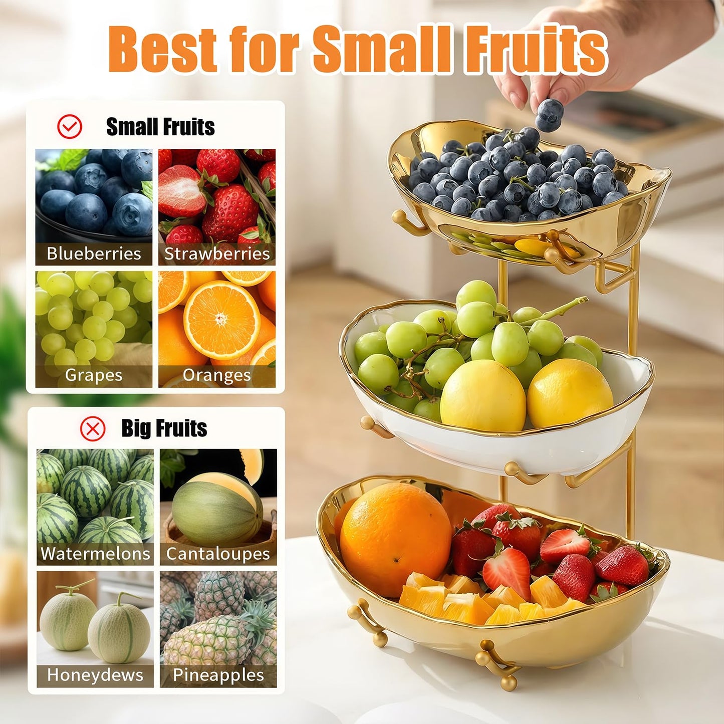 HOMKULA Ceramic Fruit Bowl for Kitchen Counter - 3 Tier Fruit Basket with Metal Stand, Tiered Fruit Stand for Countertop, Snack, Nuts, Cake, Dessert, Small & Cute (Gold & White,Small) 2