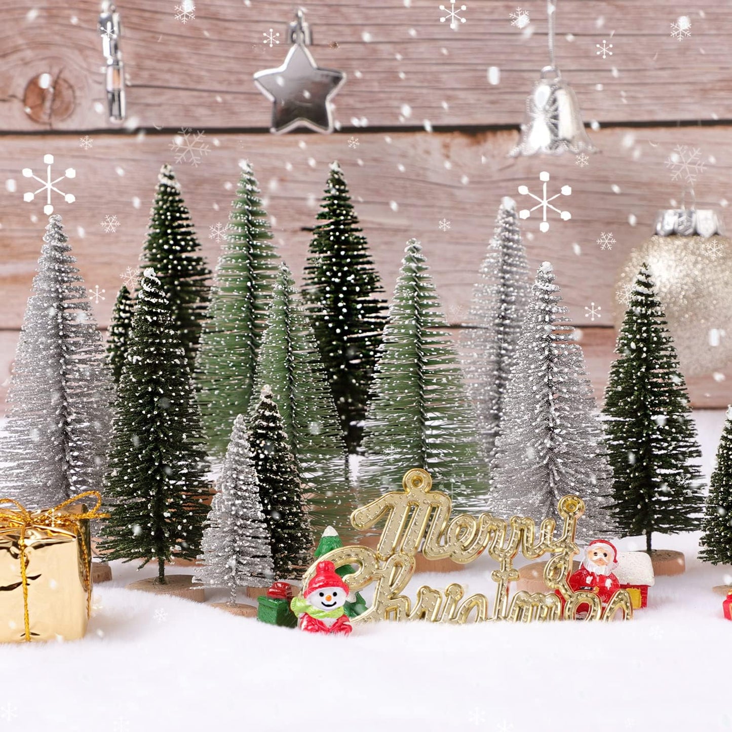 Skiennix Mini Christmas Trees - 30Pcs Artificial Bottle Brush Trees with Wooden Base for Holiday Decor