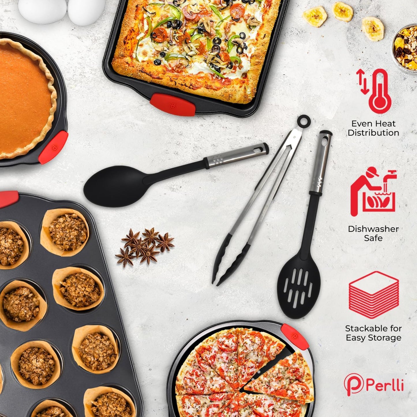 Perlli Non-Stick 17-Piece Baking Pan Set - BPA-Free Carbon Steel Bakeware with Silicone Handles | Oven Safe Up to 446°F