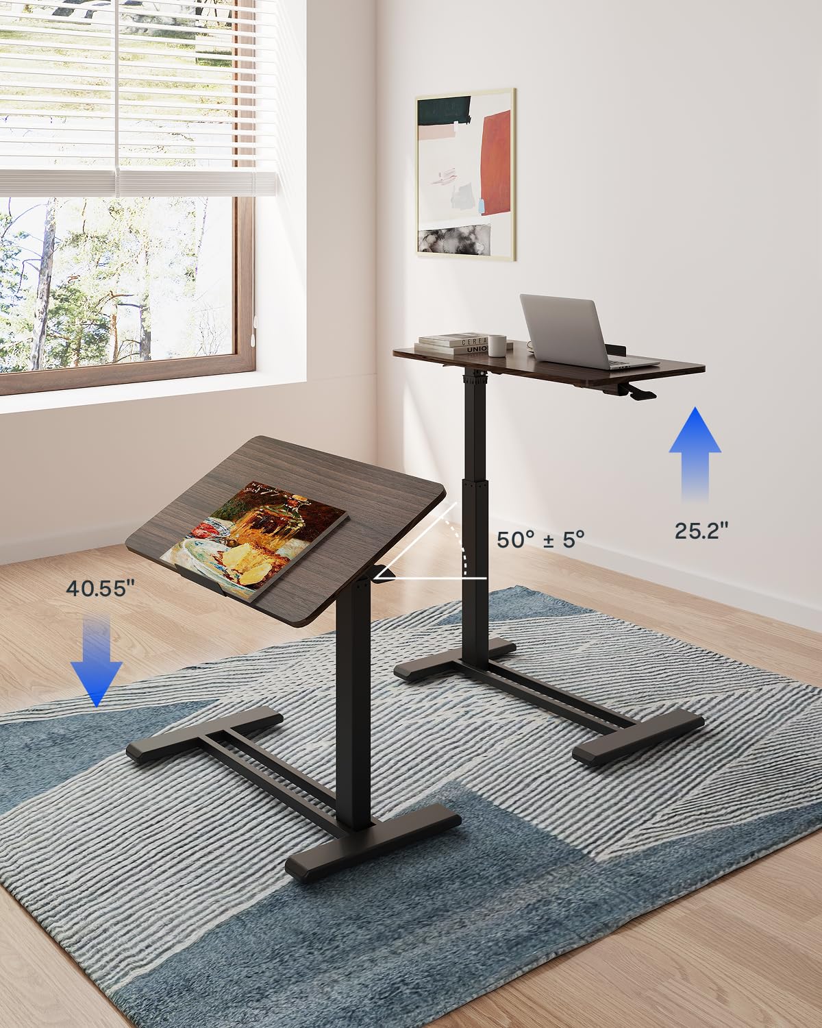 FLEXISPOT H7 PRO Mobile Standing Desk Adjustable Overbed Table Pneumatic with Wheels 55°Tiltable Portable Laptop Desk Rolling Computer Cart Foldable Bedside Table(27.6" W x 15.7" D, Rustic Brown)